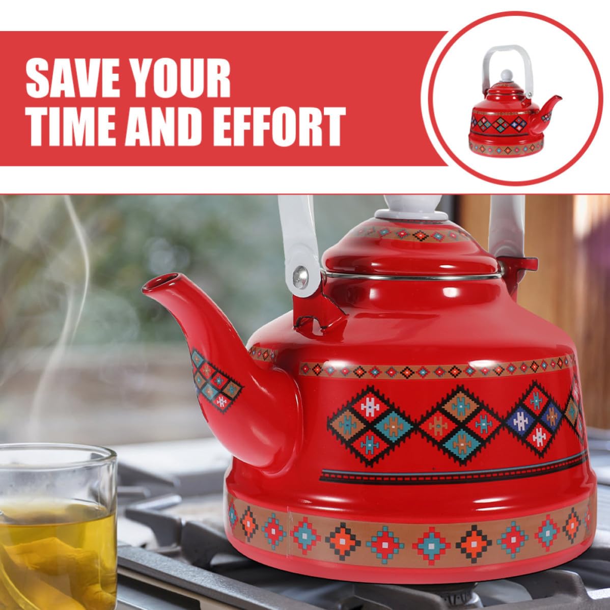 SOLUSTRE Hervidor de Agua Esmaltado Rojo de 2.5l para Camping y Cocina con Asa Resistente y Fondo Plano para Distribución Uniforme del Calor
