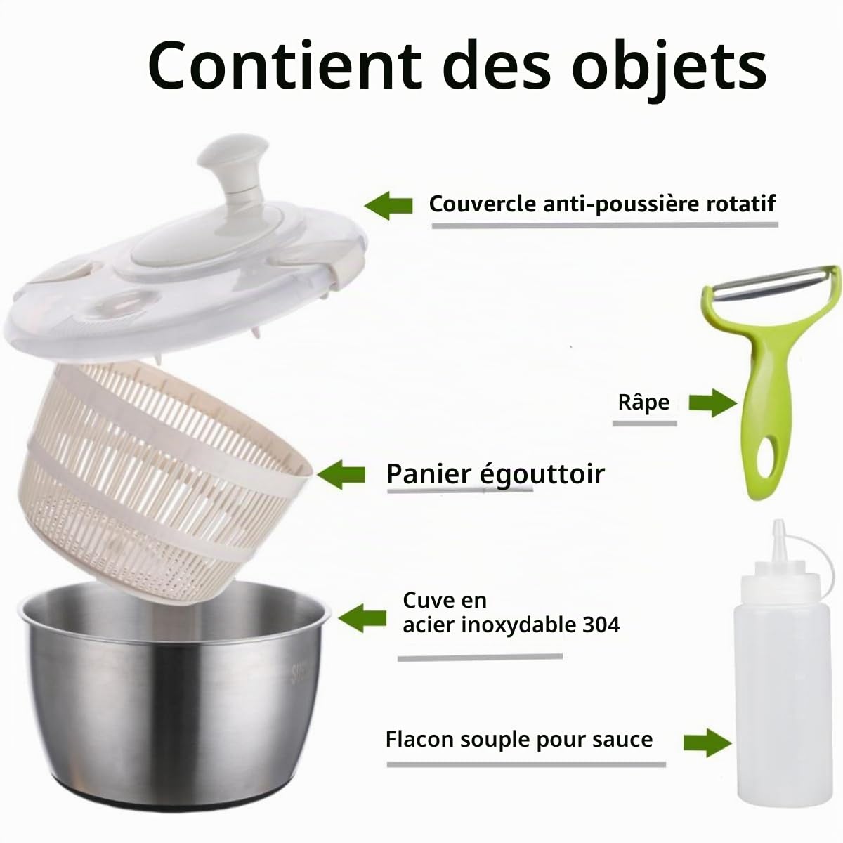 Essoreuse à salade XXL en acier inoxydable de 5 l, avec éplucheur et bouteille compressible – Passe au lave-vaisselle – Essoreuse à salade idéale pour laver et sécher la salade