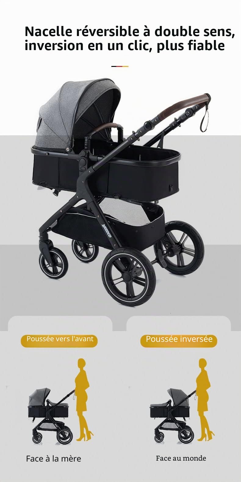 Poussette 3 en 1 Citadine Combinée Tricycle Baby Walker Haute Paysage Pliante Trolley Bébé Landau 0-36 Mois Kaki