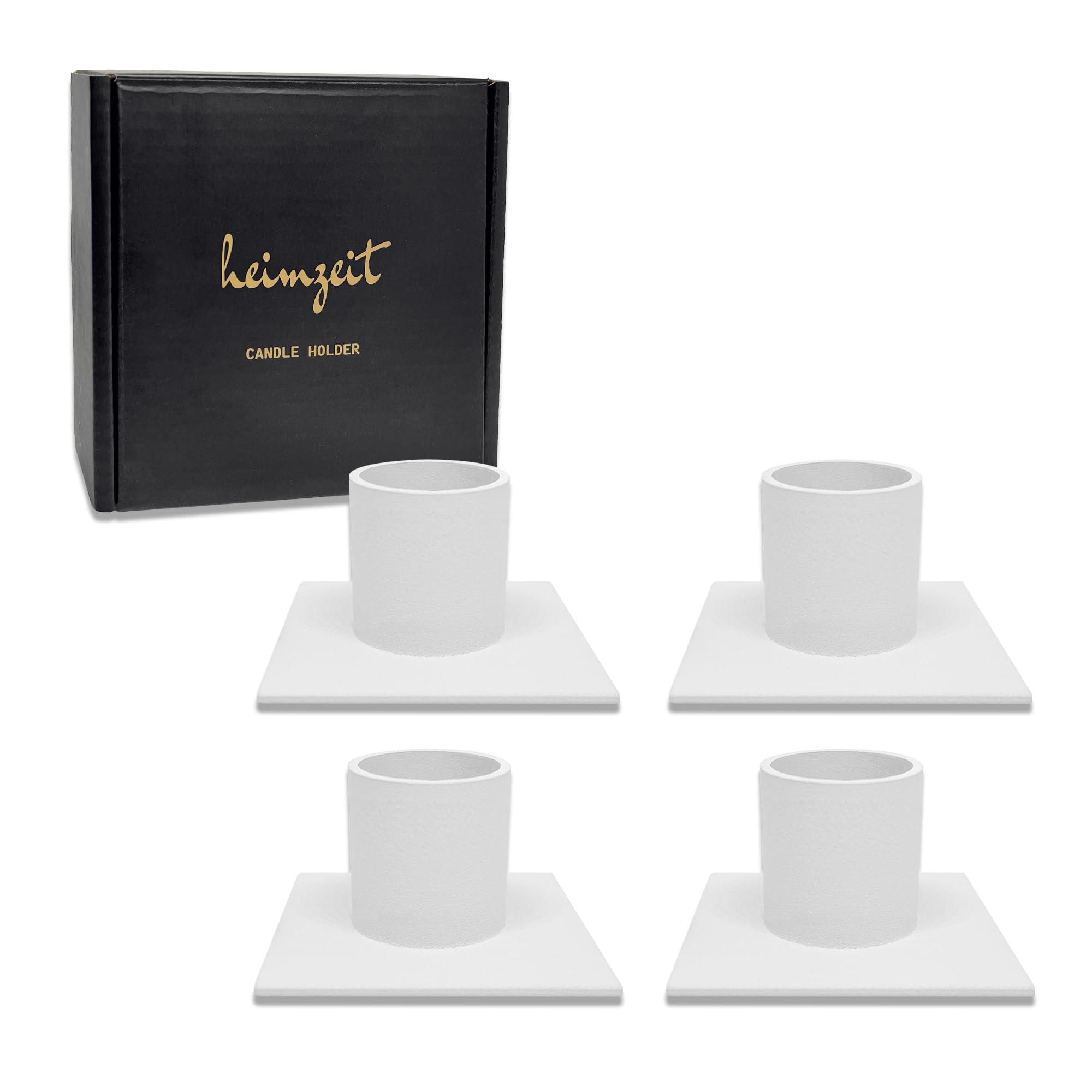 heimzeit Portavelas de Metal para Velas de Columna y Velas de Mesa [4 Unidades, Cuadrado] Color: Blanco, Diseño Distinguido, Candelabro para una Elegante Decoración del Espacio