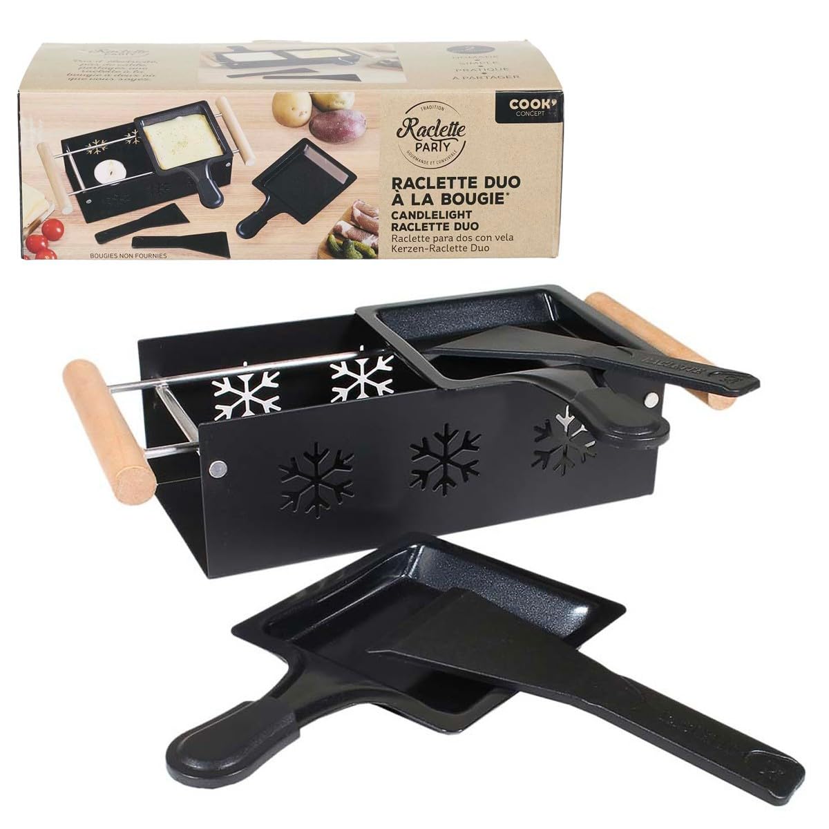COOK CONCEPT, KC2486, Raclette Duo à la Bougie, Plaque de Cuisson Spécifique, Design Élégant en Métal et Bois, Idéal pour 2 Personnes, Dimensions 62x32x11 cm, Noir