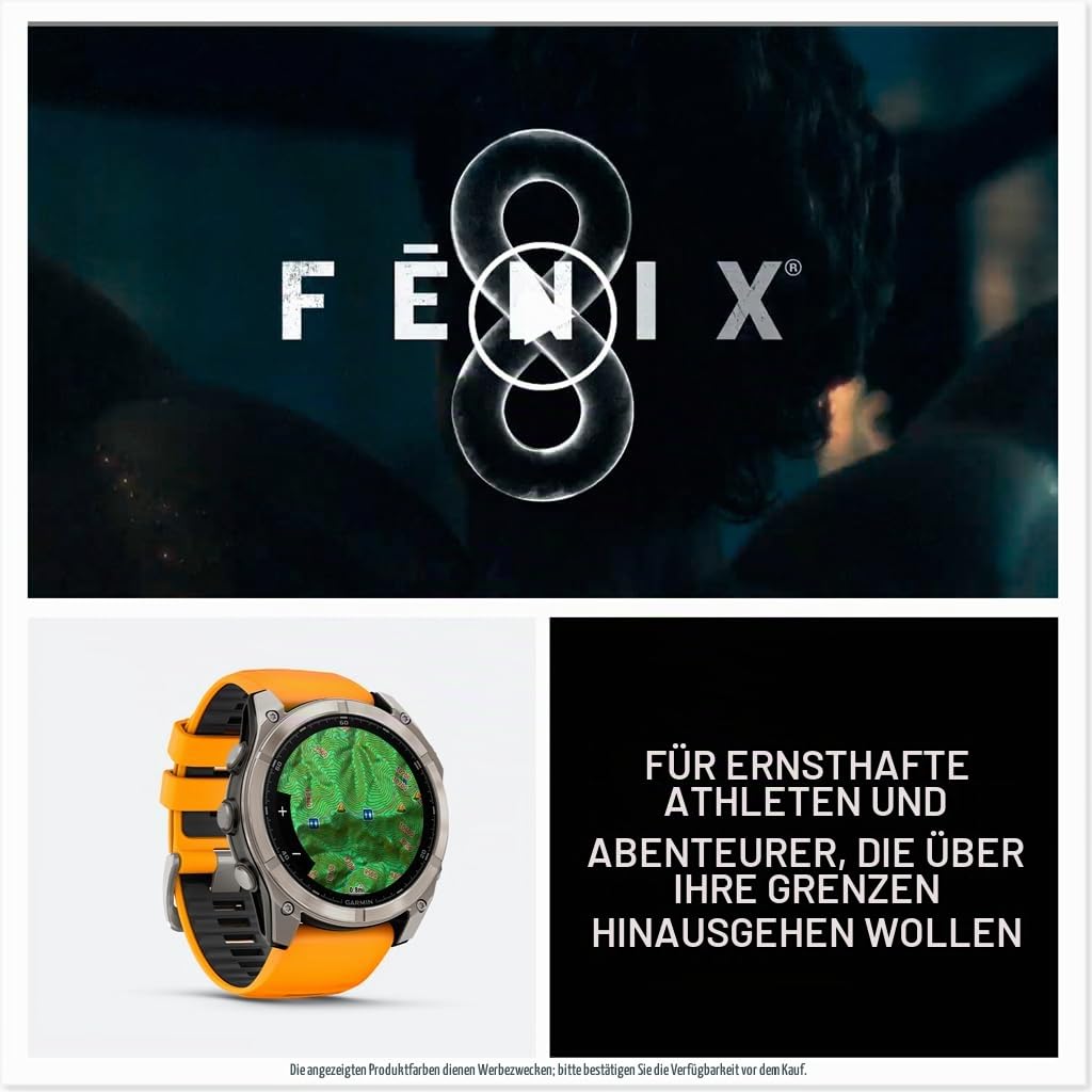 Garmin fēnix® 8-51mm AMOLED Saphir Premium Multisport GPS Smartwatch Lange Akkulaufzeit Tauchbewertet Integrierte LED-Taschenlampe Titan mit Spark Orange/Graphit Band