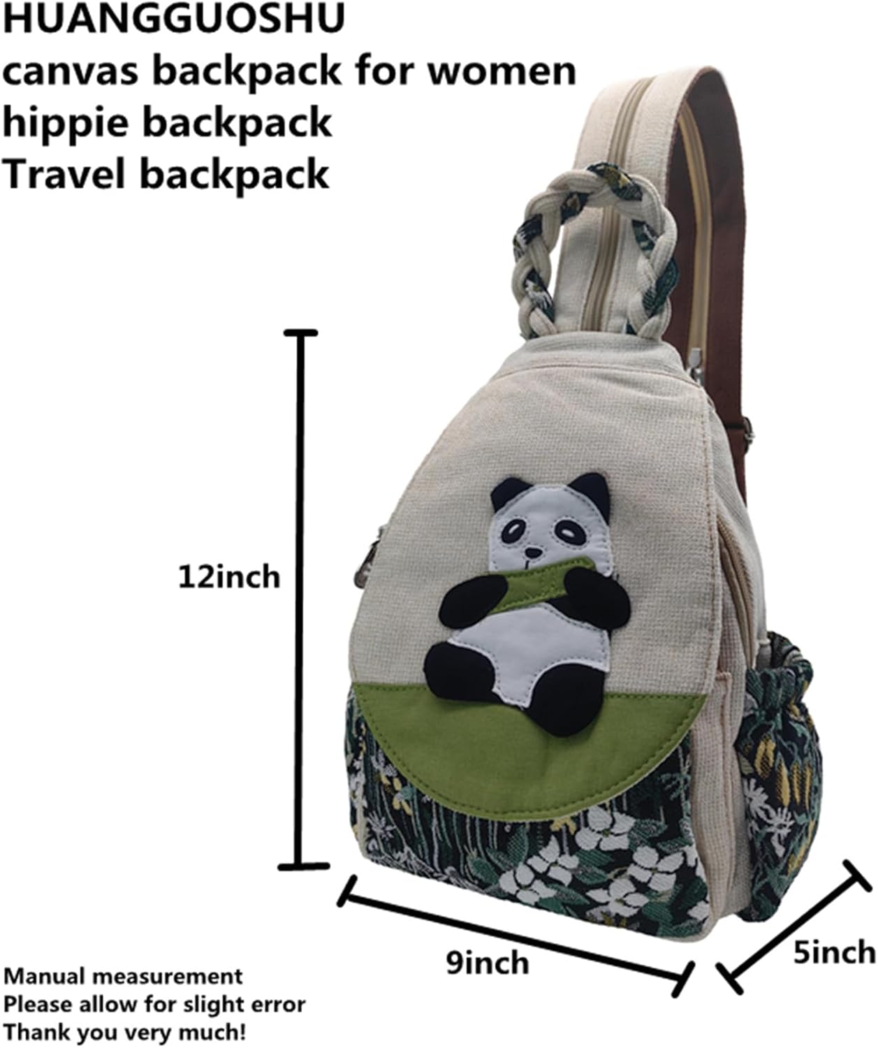 HUANGGUOSHU Women Cotton Woven Bohemian Hemp Boho Canvas Embroidery Multi Pocket Retro Cute Backpack Wallet Backpack（Lotus） - Image 6