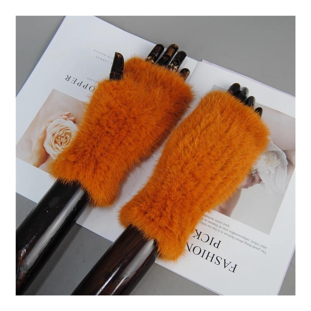 Guanti invernali in pelliccia da donna, guanti senza dita in calda naturale, in lavorata a maglia bambina(Dark orange)