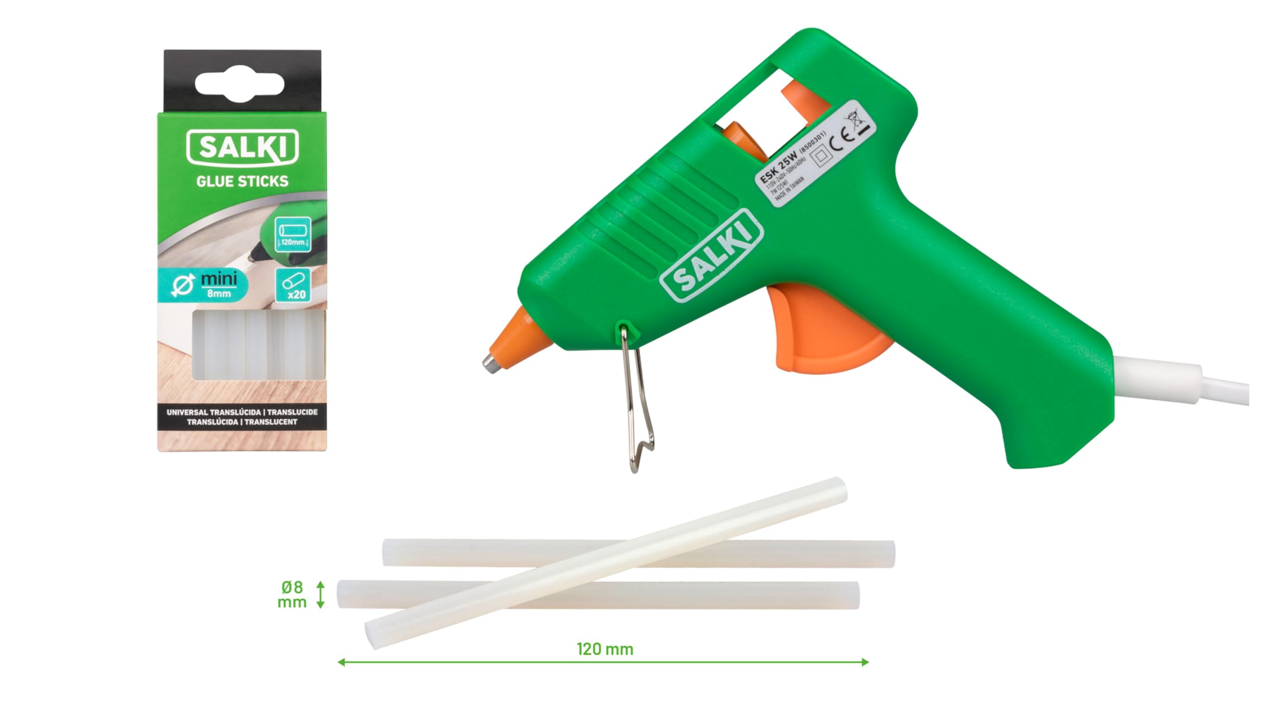 Salki – Basic Pack Glue Gun 25W ESK + Hot Melt Bars Ø8 mm (20 Units) | Ideal for Small Details
