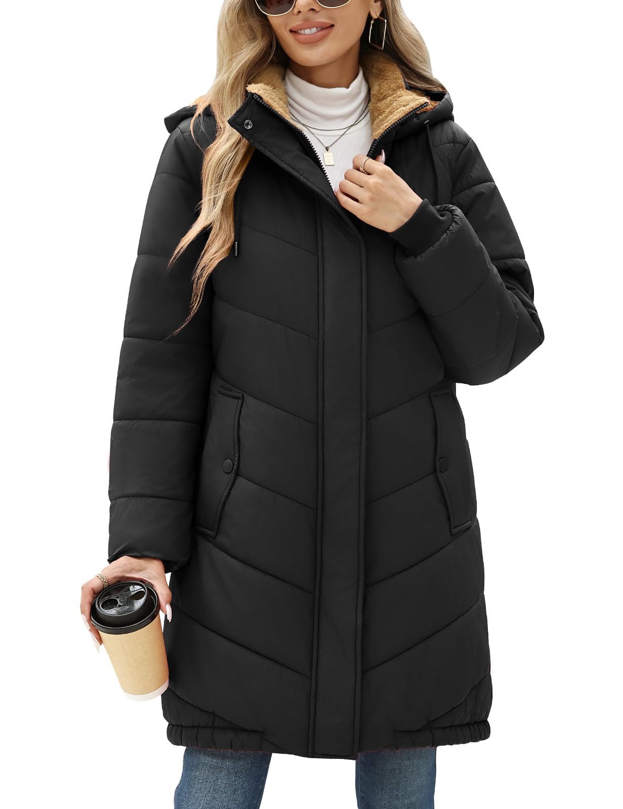 Winterjacke Damen Lang Fleece Gefüttert Steppmantel mit Kapuze Warm Parka Damen-Jacken Puffer Mantel Herbst Winter Hooded Jacket Kapuzenjacke Wintermantel mit Taschen