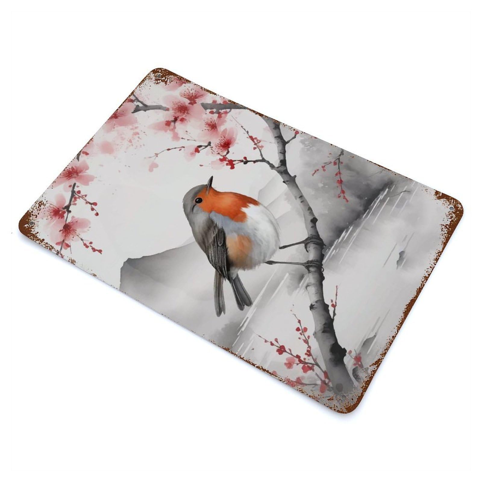 Weathered Tin Sign with Robin on Branch with Cherry Blossoms Design 11.8"x7.9", for Shed, Workshop And Garage Wall Decor, Decorative Metal Wall Art