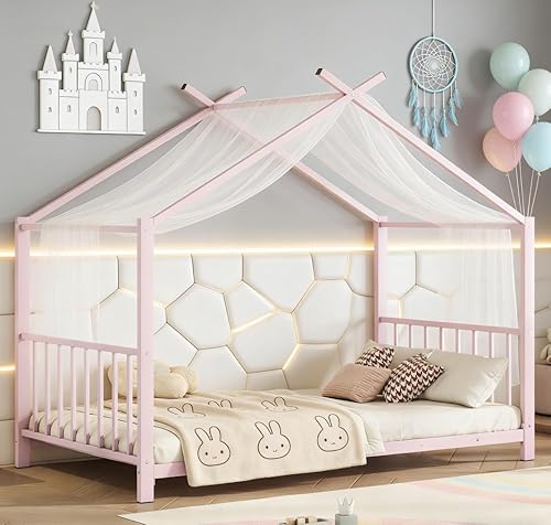 Miniatura 12 de Bellemave Twin Size Tent Floor BedFrame for Kids, Metal Montessori Beds with slats, Twin House Bed for Kids Girls Boys, Wash Black