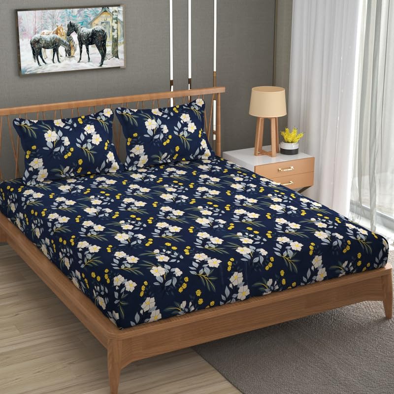 Image of NHD HOME Cotton 220 TC Super King Size Bedsheet Floral Print 108 X 108 Inch Size with 2 Pillow Cover, 275 X 275 Cm Super King Size (9 Ft by 9 Ft) (Black White)