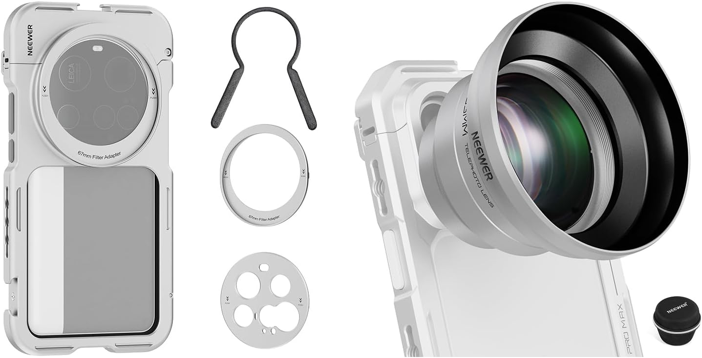 NEEWER PA091 Silver Phone Cage Compatible with Xiaomi 15 Ultra + LS-66 65mm HD Telephoto Phone Camera Lens with Hood (Silver), Quick Release Rig Case with 67mm Filter Adapter & 17mm Lens Backplate