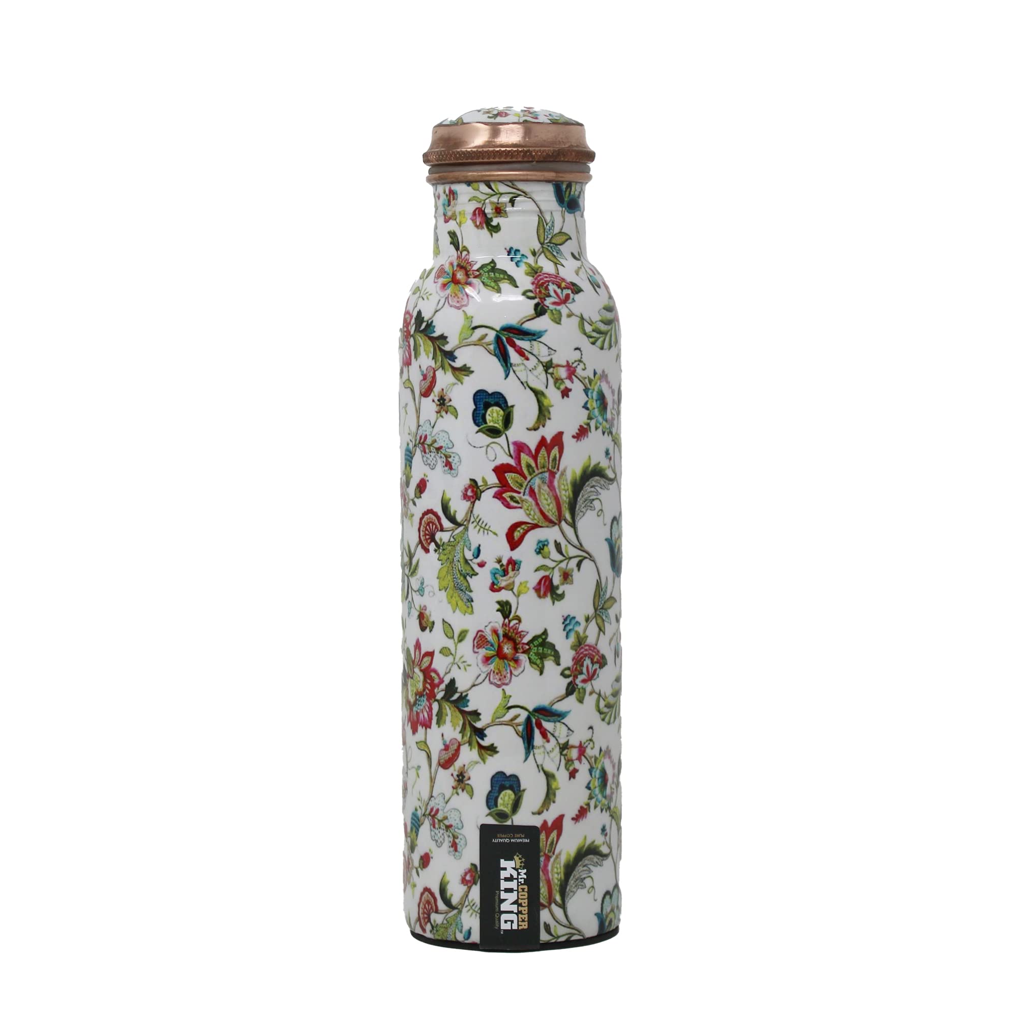 Mr.Copper King Floral Meena Printed 1000 ML Premium Copper Water Bottle Flask Kitchen Accessory, Leak Proof Rust Free Joint less Design (White)
