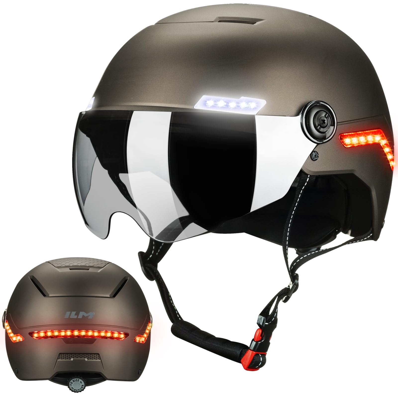 ILM Casque Velo Homme Femme Trotinette Electrique Adulte Visiere Lumiere LED Clignotant Feu Stop Homologue NTA-8776 MB101L