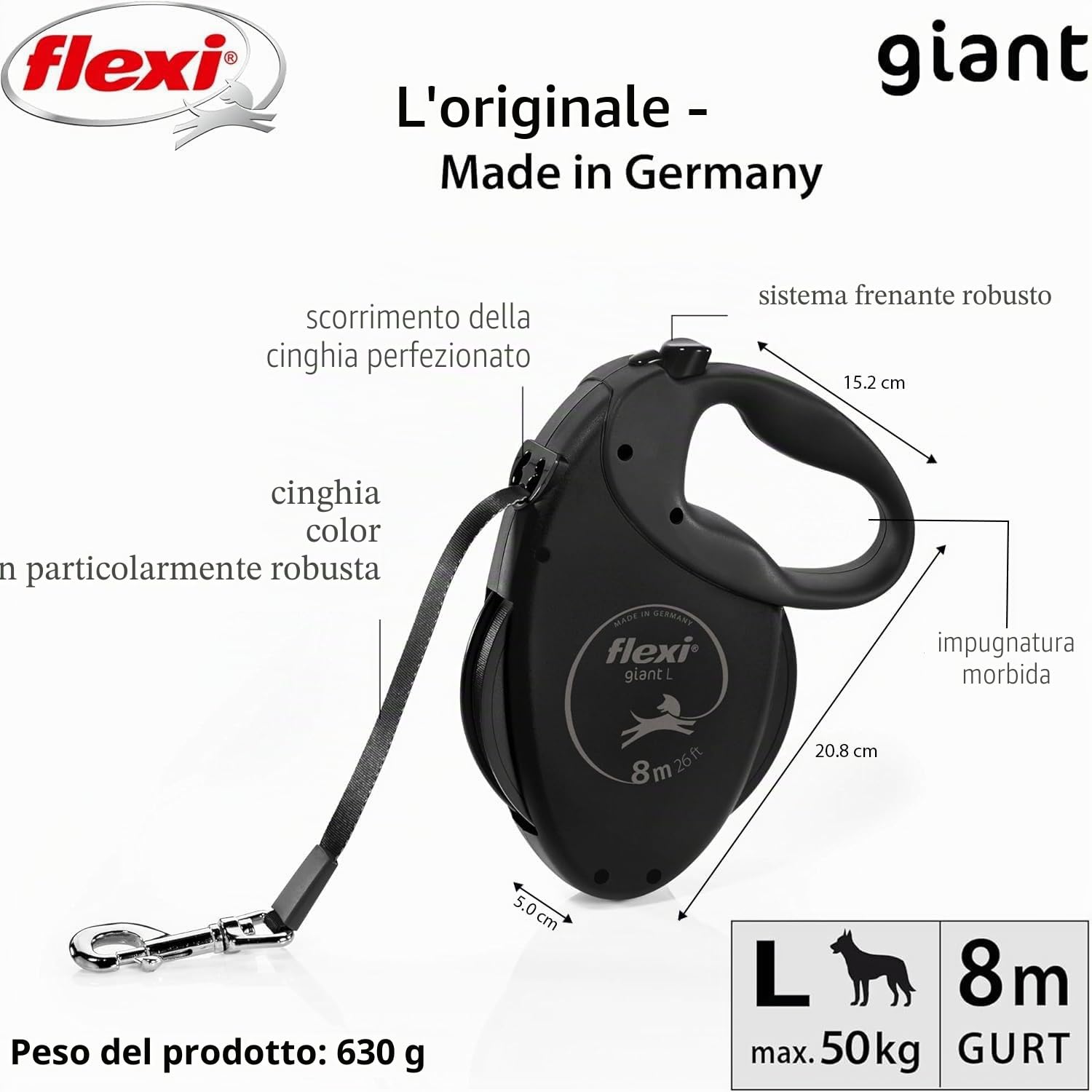 FLEXI - Guinzaglio Giant L Nastro 8 m - Cintura Robusta - Impugnatura Ergonomica Morbida - Custodia Moderna - Moschettone Solido - Per Cani Robusti Fino a 50 kg - Nero