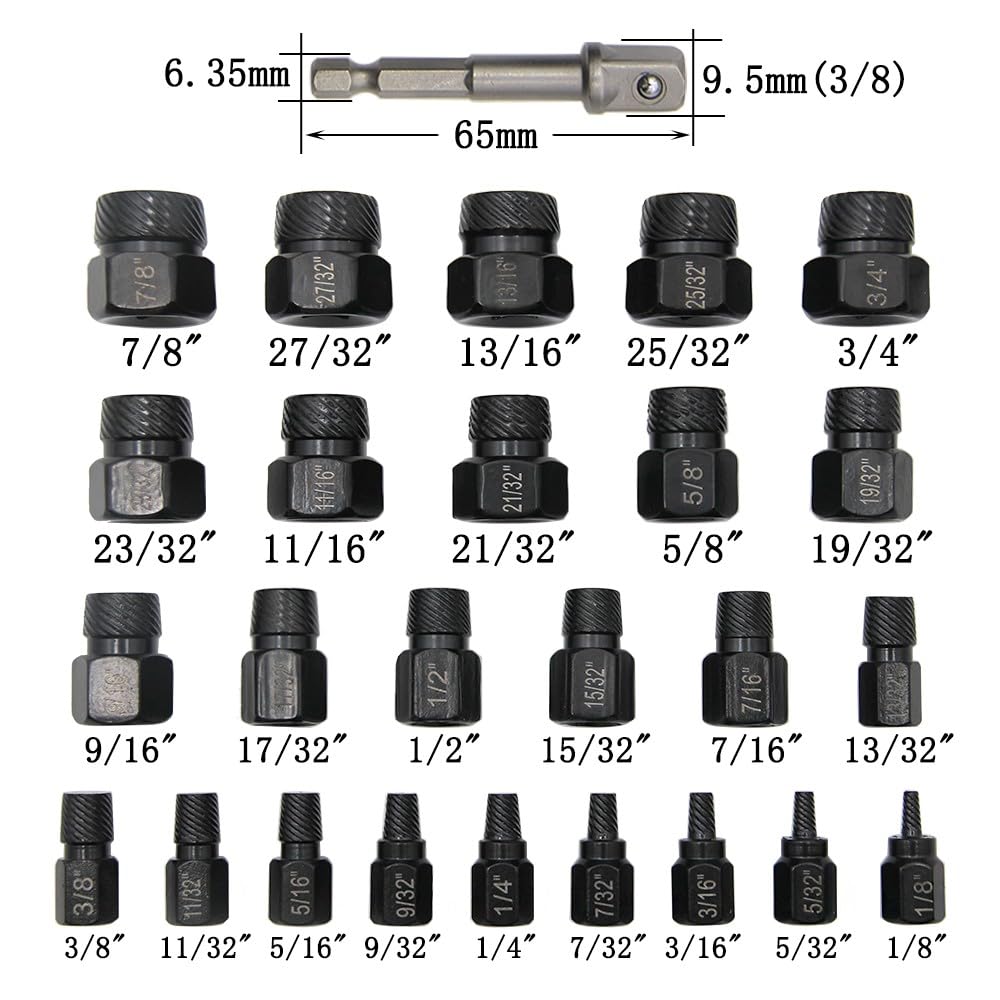 Juego de 26 extractores de Tornillos, 3/8 de accionamiento Izquierdo, Flautas en Espiral para Pernos Rotos, extracción de Pernos en reparación de automóviles, Mantenimiento de talleres