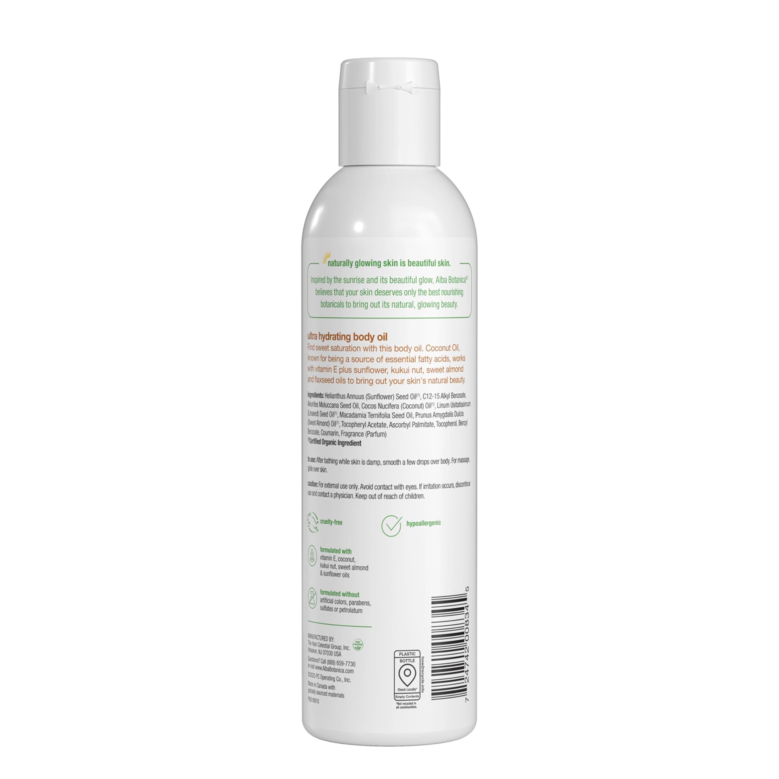 Alba Botanica - Kukui-Nuss-Bio-Körperöl – 250 ml – angereichert mit Kukui-Nussöl – spendet Feuchtigkeit und pflegt die Haut – leicht und zieht schnell ein