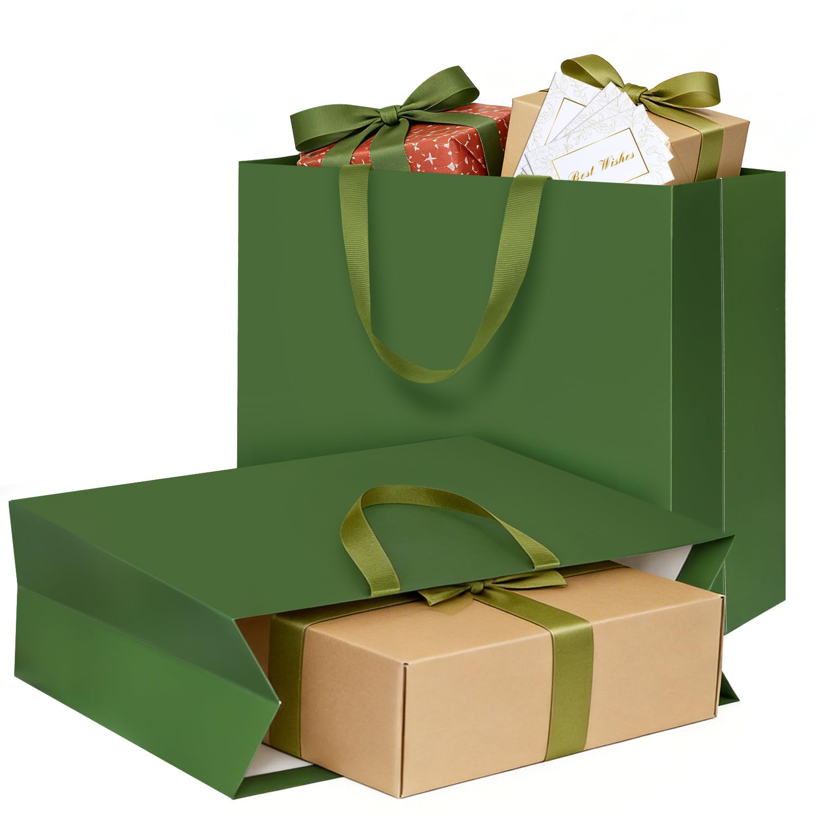 LVNRIDS Extra Large Gift Bags Green, 2 Pack Luxury Gift Shopping Bag with Handle 45 x 15 x 38 cm, Extra Large Gift Bags with 2 Cards for Wedding Birthday Party Christmas Valentine Presents Mall