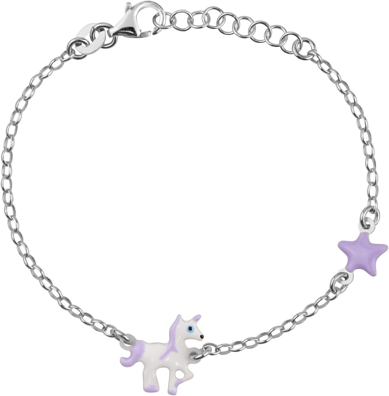 UNICORNJ Sterling Silver 925 Bracelet for Girls Trotting Unicorn and Star with Enamel 6.25"