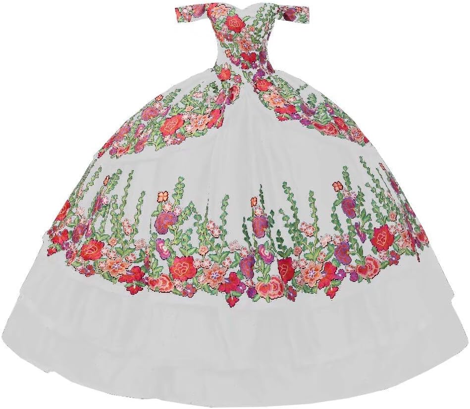 Floral Embroidered Off The Shoulder Quinceanera Dresses Mexican Theme Ball Gown Prom Women 2025