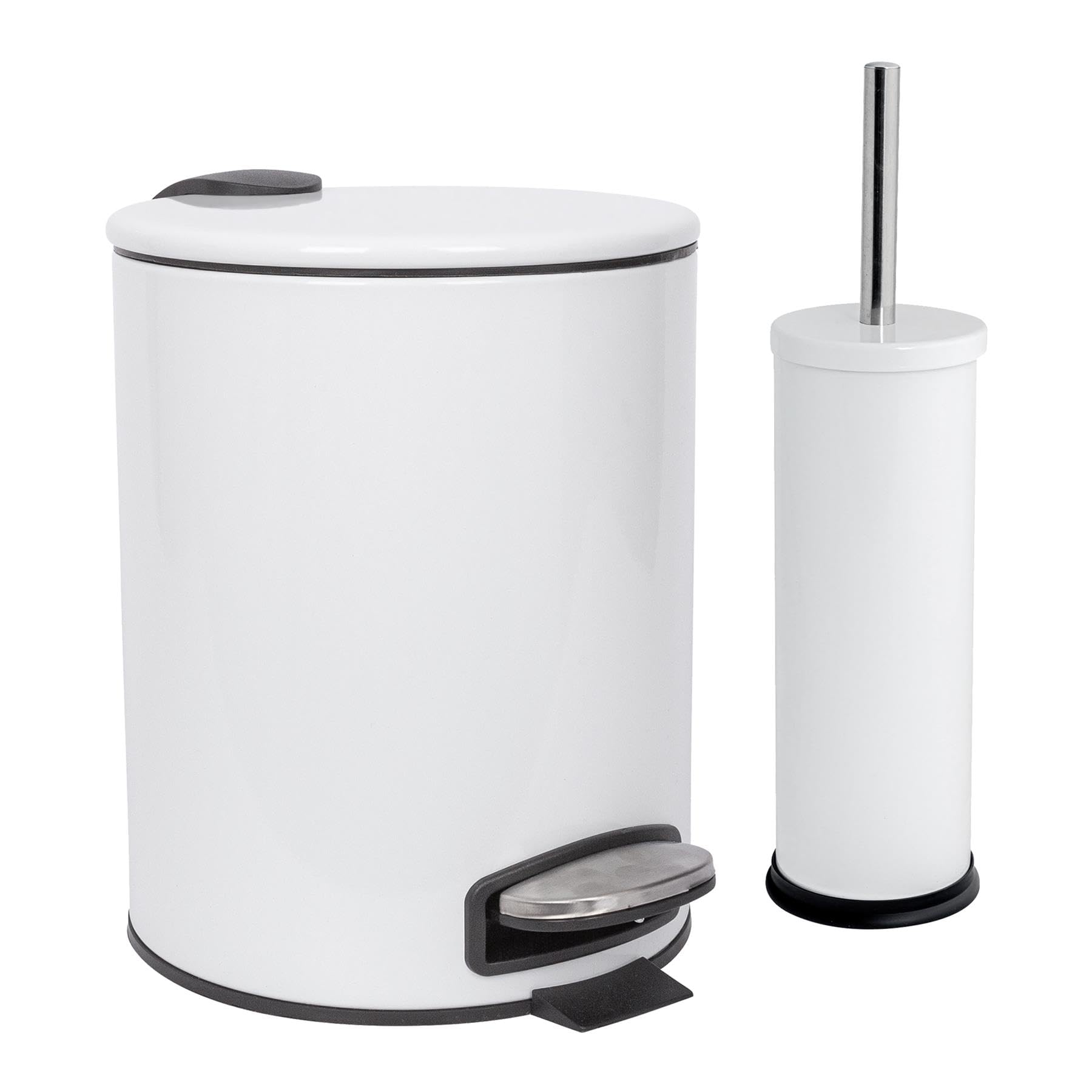 Harbour Housewares 5L Bathroom Bin & Brush Set - White - 2pc Round Stainless Steel Pedal Bin & Toilet Brush Set Slim Small Trashcan for Kitchen Waste, Bathroom Rubbish