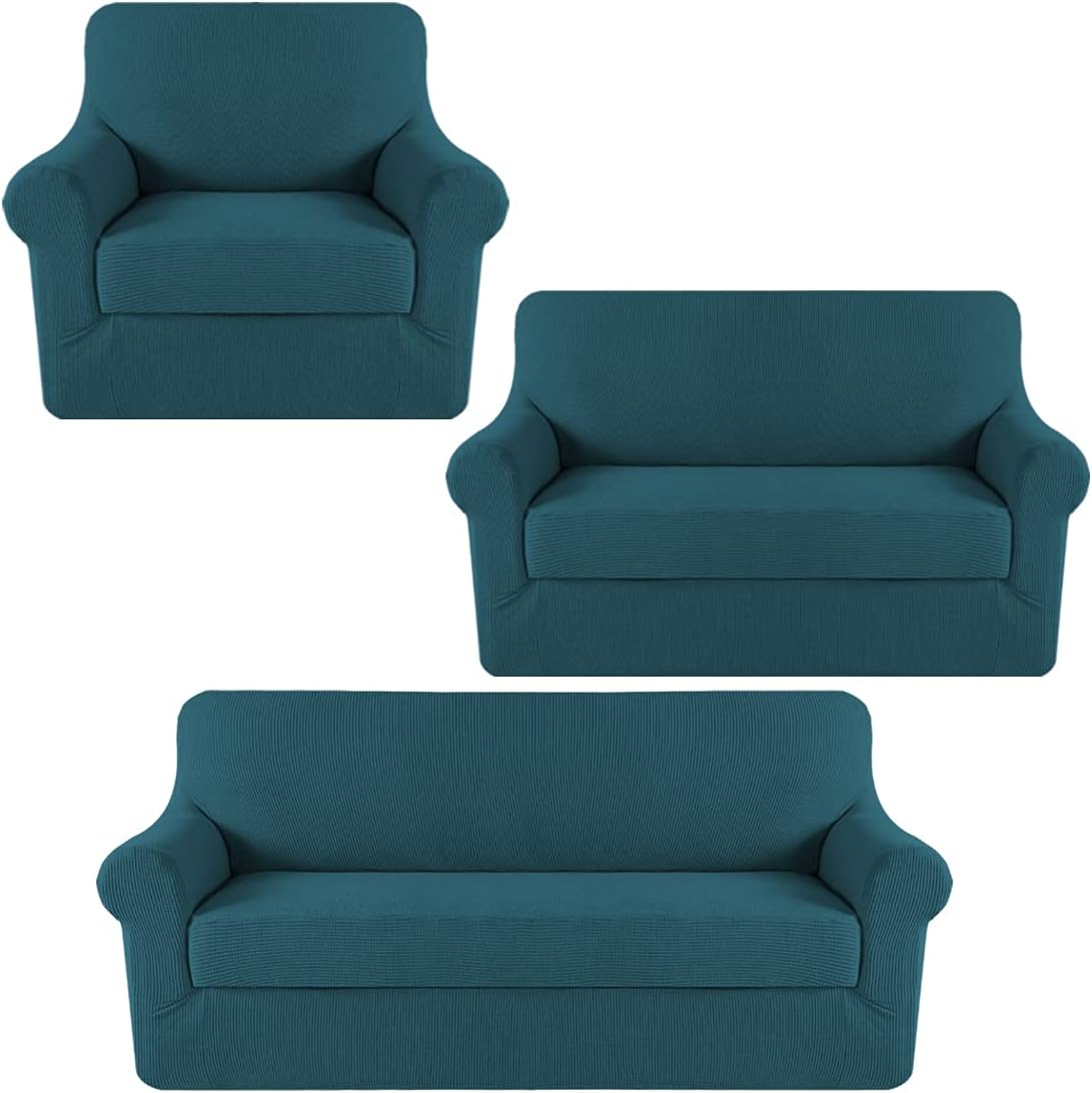 H.VERSAILTEX 2 Pieces Stretch SOFE Covers Bundle Loveseat Slipcover Bundle Chair Cover, Feature Upgraded Thicker Jacquard Fabric, Deep Teal