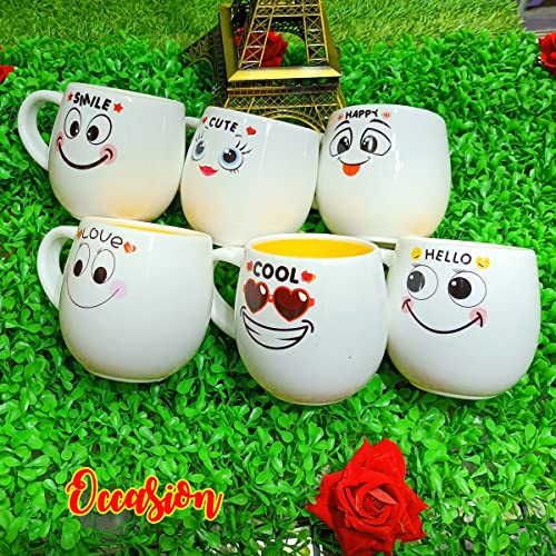 Image of Occasion White Emoji Smily Happy Ceramic Milk /Coffee /Tea /Juice Mug -250ML (Set of All 6 Emoji Mugs)
