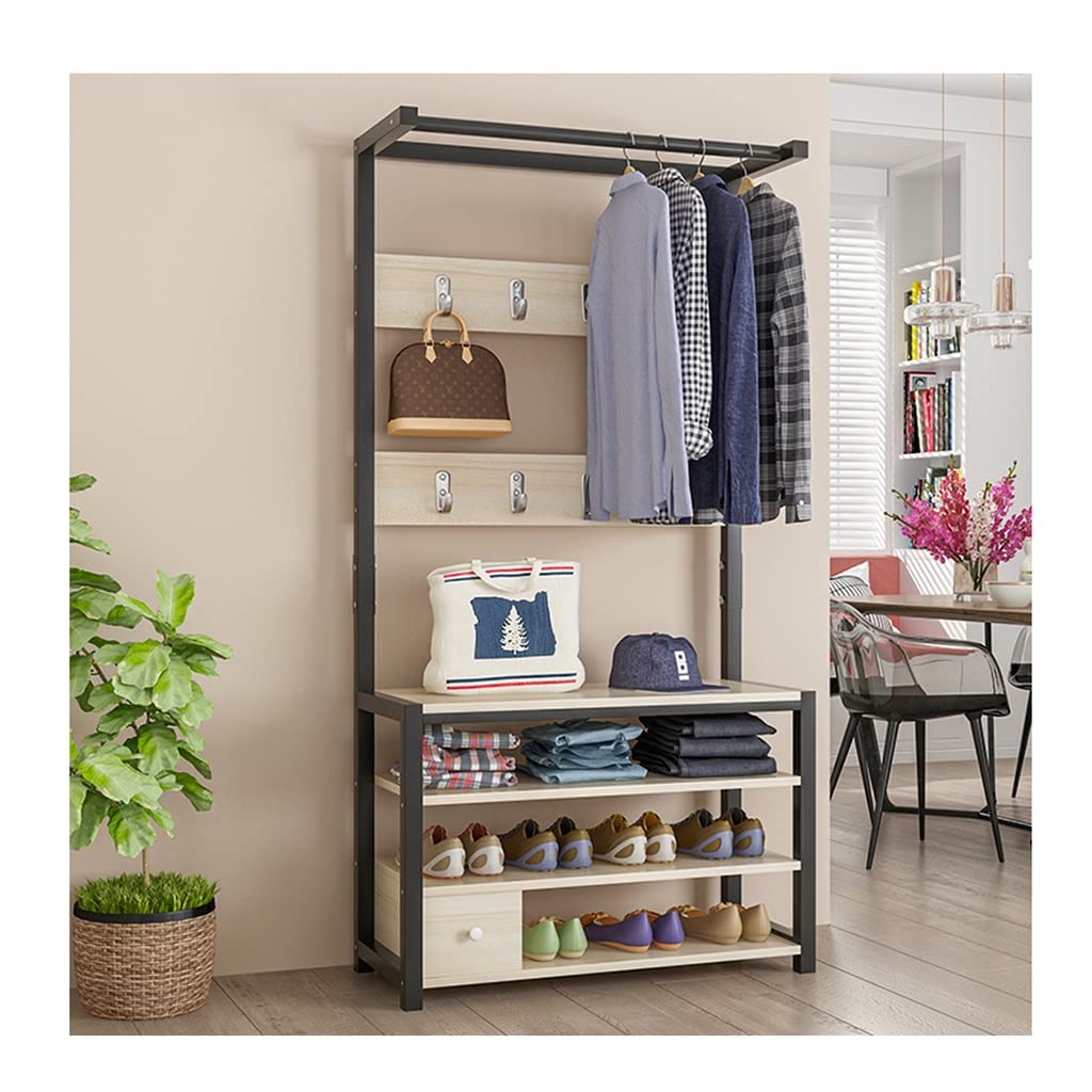 MYUYEE Vintage Coat Rack Shoe Bench Hall Tree Entryway Storage Shelf Wood Look Accent Furniture Metal Frame - 5 In 1 Design Easy Assembly(Light Wood-80X34X60)