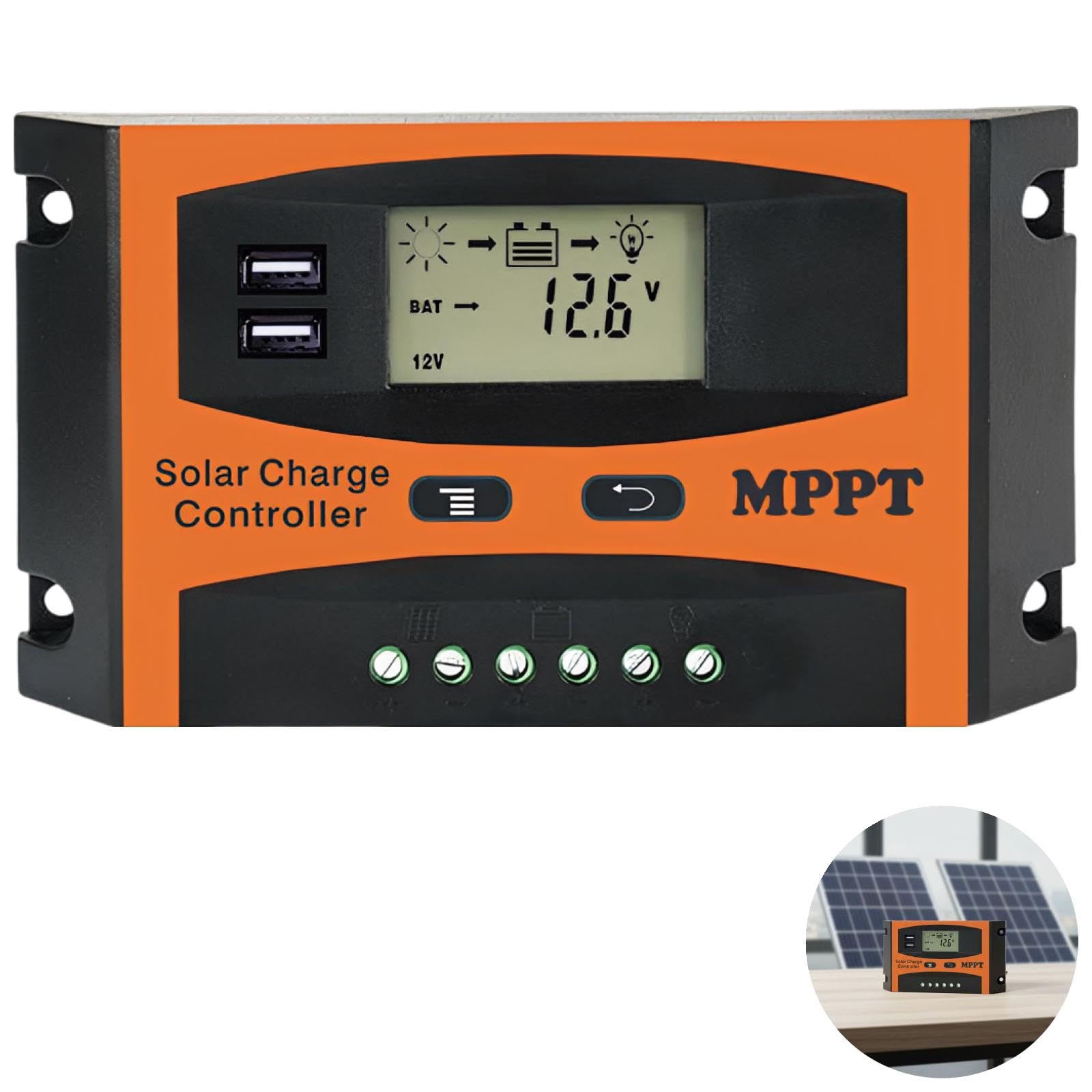 Solar-Laderegler 30A, intelligenter Regler für Off-Grid-Systeme, 12V/24V automatische Anpassung, Dual-USB-Anschluss, LCD-Display, mehrere Schutzfunktionen, kompakt für Anlagen 5,4 x 4 x 2,3 cm