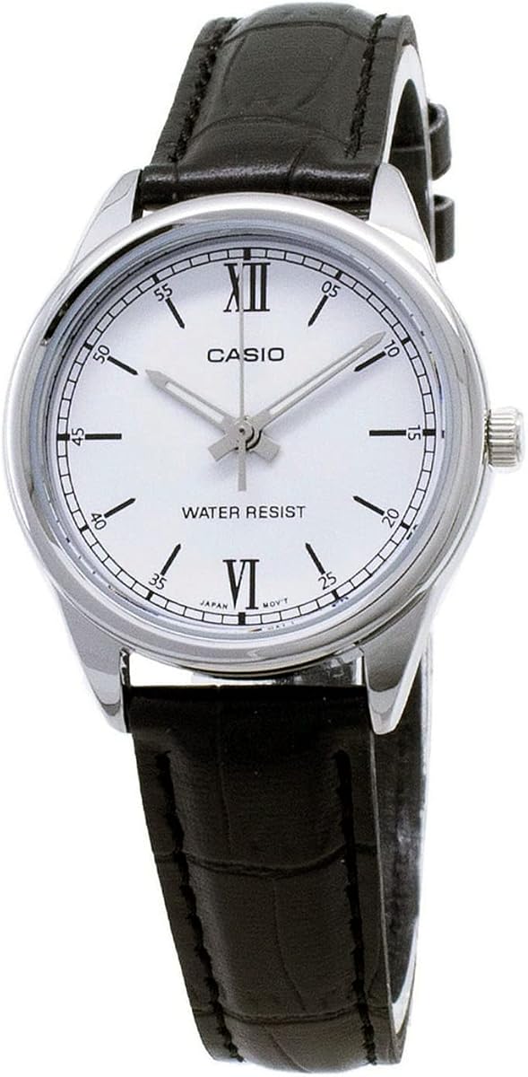 LTP-V005L-7A Reloj analógico estándar para mujer con correa de cuero negro y esfera plateada