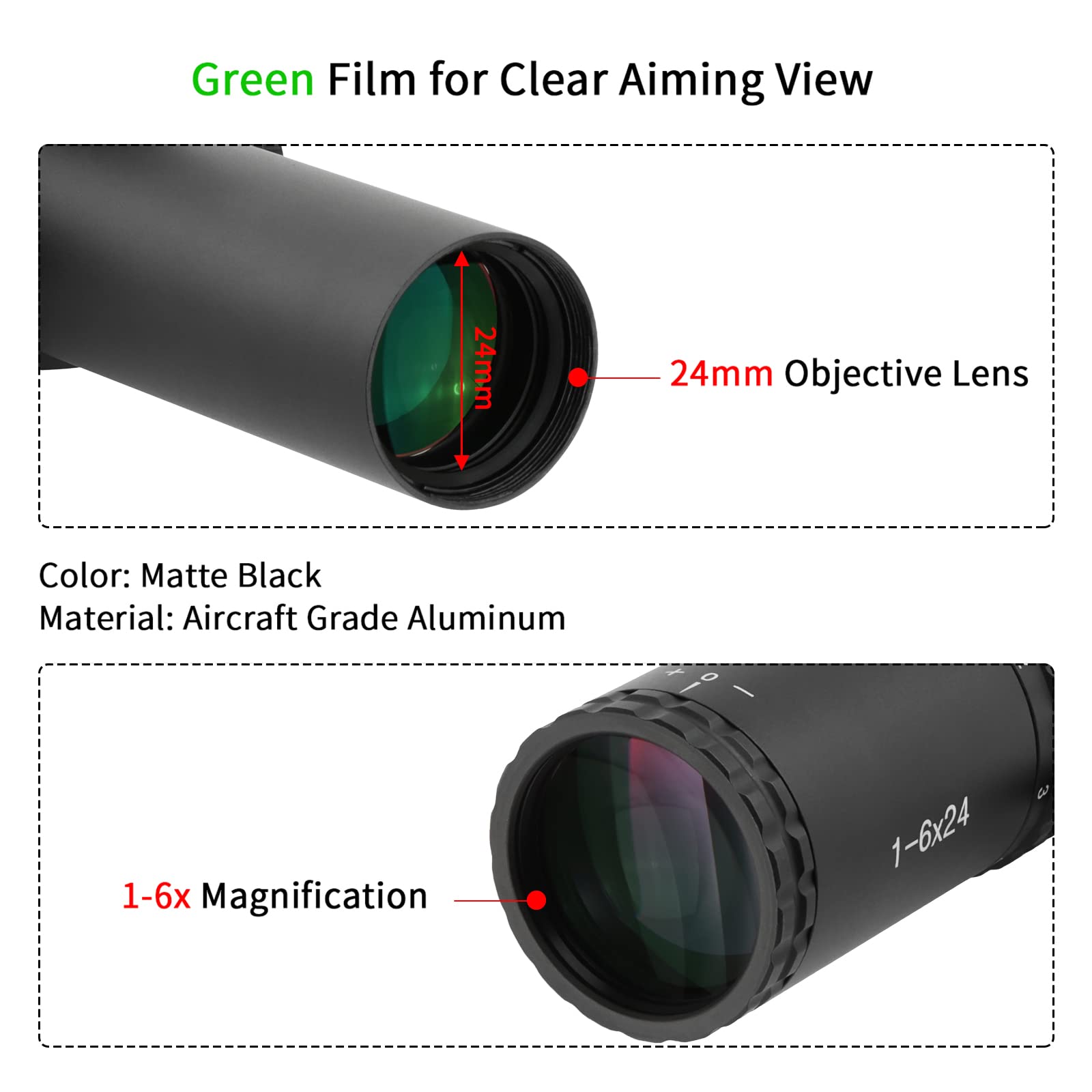 1-6x24 Scope View Finder, réticule MIL Rouge/Vert, avec couvercles d'objectif rabattables et Anneaux de Montage 20 mm 11 mm, antibuée, étanche, Antichoc