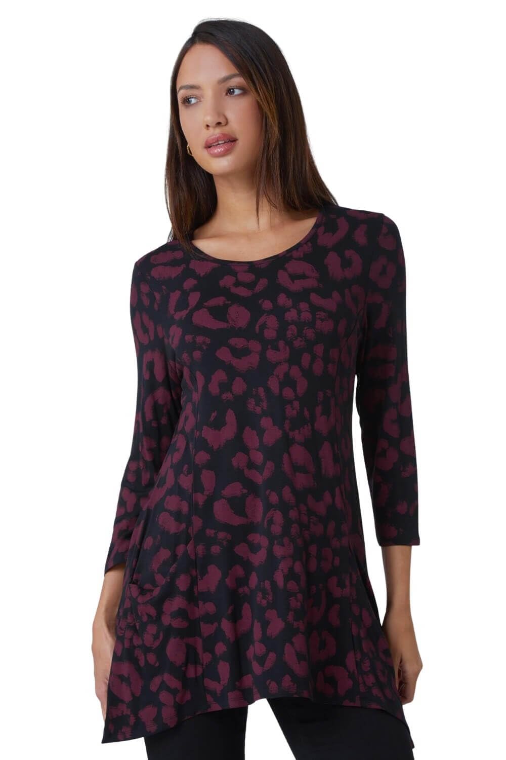 Roman OriginalsAnimal Print Pocket Stretch Swing Top for Women UK - Ladies Everyday Autumn Winter Round Neckline Comfy Soft Evening Vacation Work Party Night Out