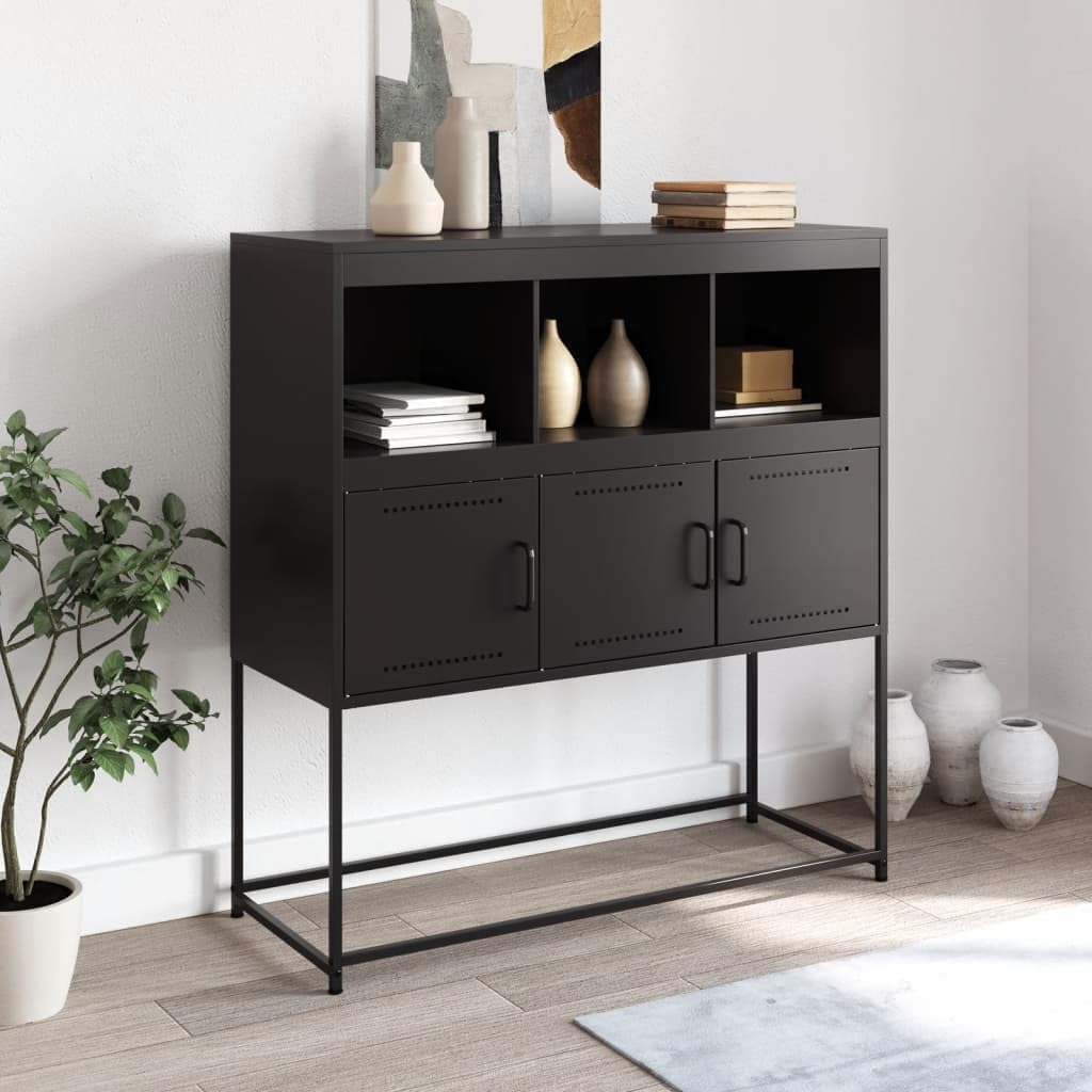 Black Matte Sideboard with 3 Compartments and Doors, Modern Cold-Rolled Steel Storage Cabinet for Living Room, Durable Organizer Unit, Easy Assembly and Versatile Furniture
