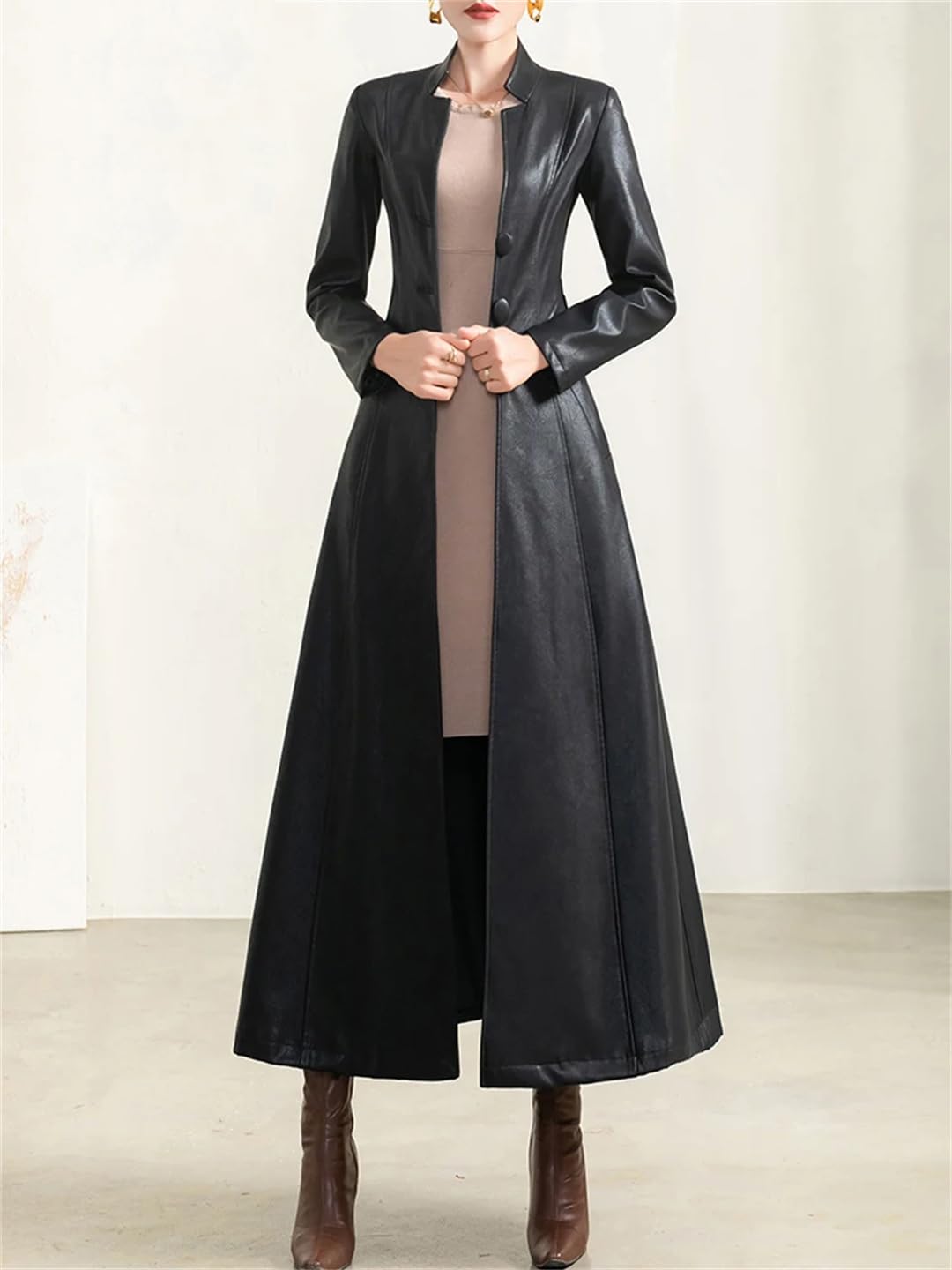 Damen-Mantel für Frühling, Herbst, langärmelig, einreihig, lang, schwarz, Kunstleder, mit Gürtel
