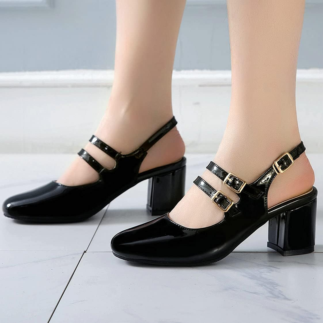 BEAUPAS Women's Chunky High Heel Patent Leather Pumps Ankle Strap Block Heel Pumps Slingback Buckle Shoes