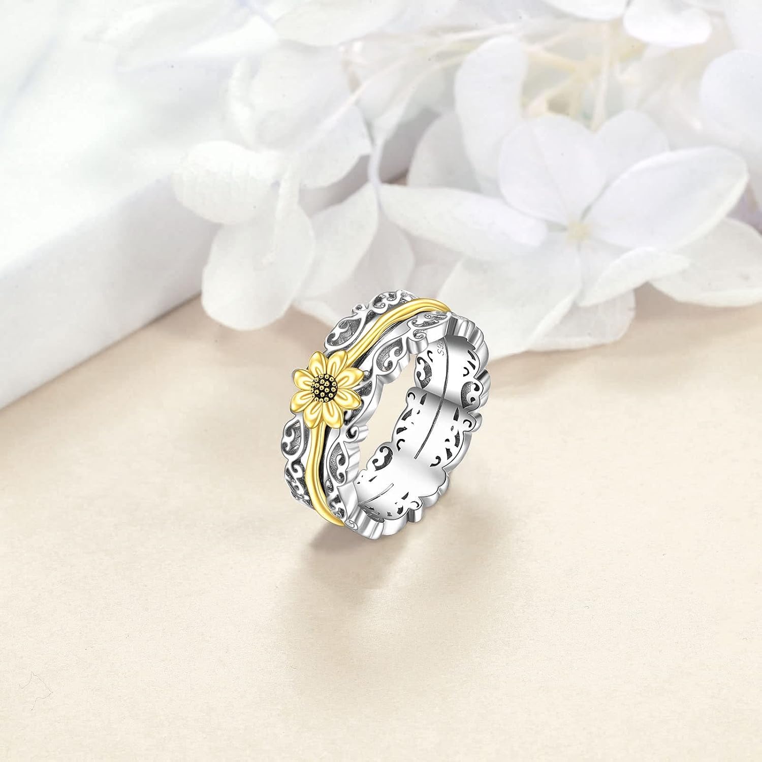 VONALA Filigree Sunflower Fidget Rings for Anxiety 925 Sterling Silver Sunflower Cross Moonstone Moss Agate Spinner Rings for Women Anti Stress Mood Rings Gifts Band Wide - Image 6