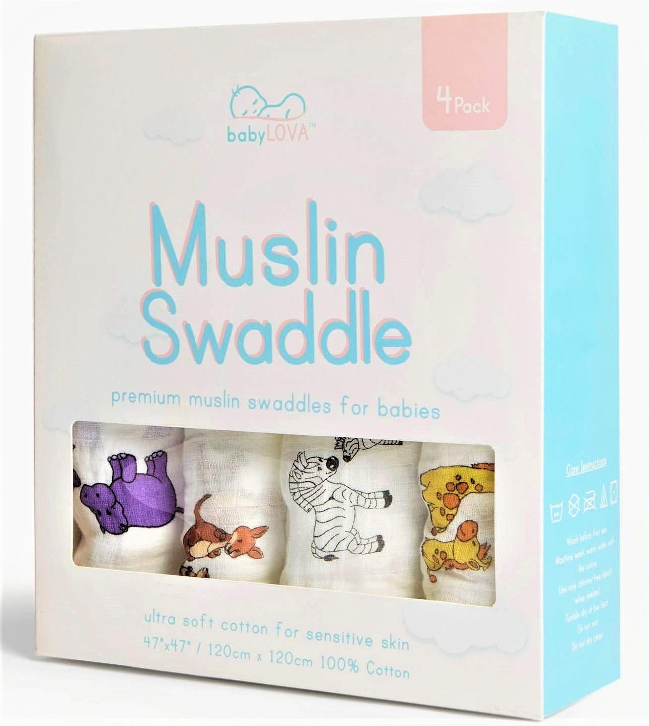 Muslin Swaddle Blankets Pack of 4X Soft 100% Cotton Extra Large 120 x 120cm (47x47) Unisex babyLOVA with Zoo Friends, Muslin Cloths, Swaddle Wrap, Baby Blanket, Nursery Set, Baby Shower Gift