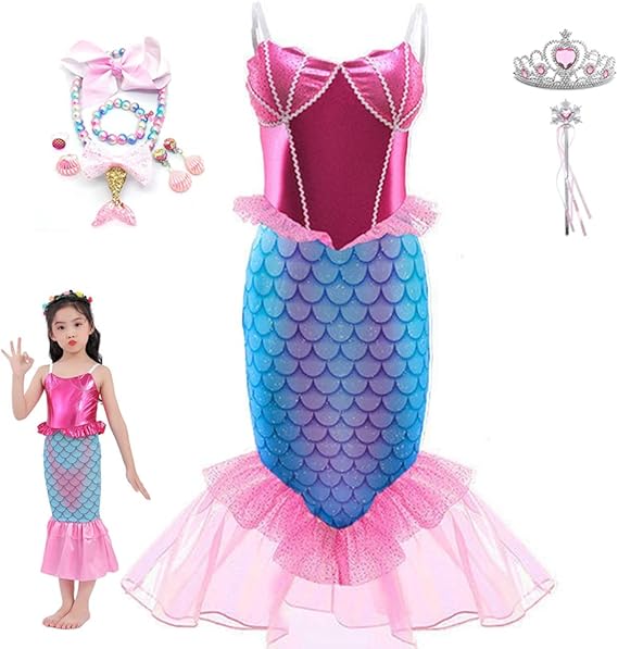 Amazon Kocekid アリエル コスプレ 子供 豪華セット クリスマス 誕生日 プレゼント 22販売予定 ハロウィン コスチューム 子供 仮装 アリエル ドレス セット 人魚姫 コスプレ 子供 マーメイド コスプレ こども プリンセス ドレス アリエル マーメイド ワンピース