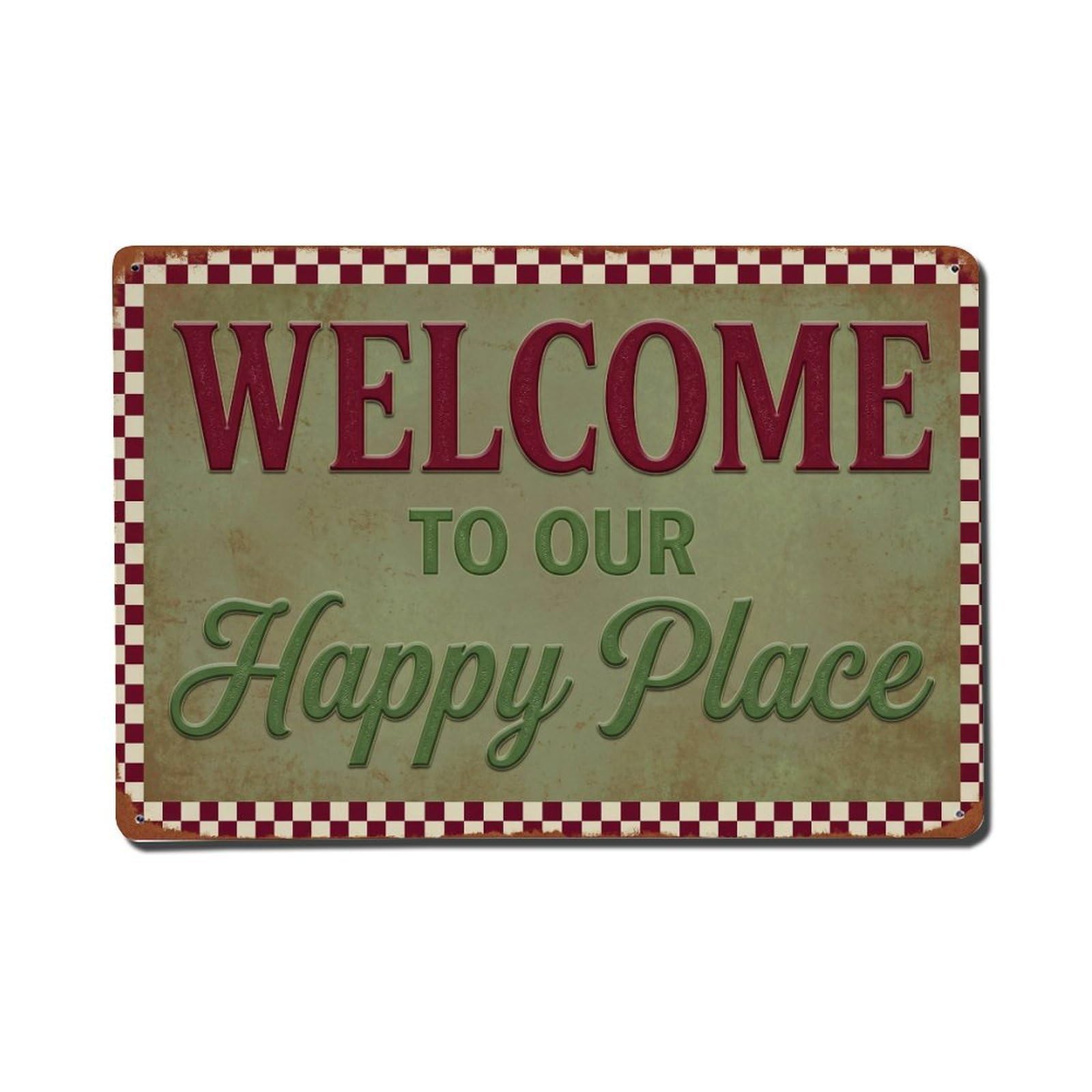 Welcome To Our Happy Place Checkerberry Field Metal Tin Sign Plaque Wall Decor for Cafe, Club Bar, Office, Home Garden Metal Poster 8x12Inch