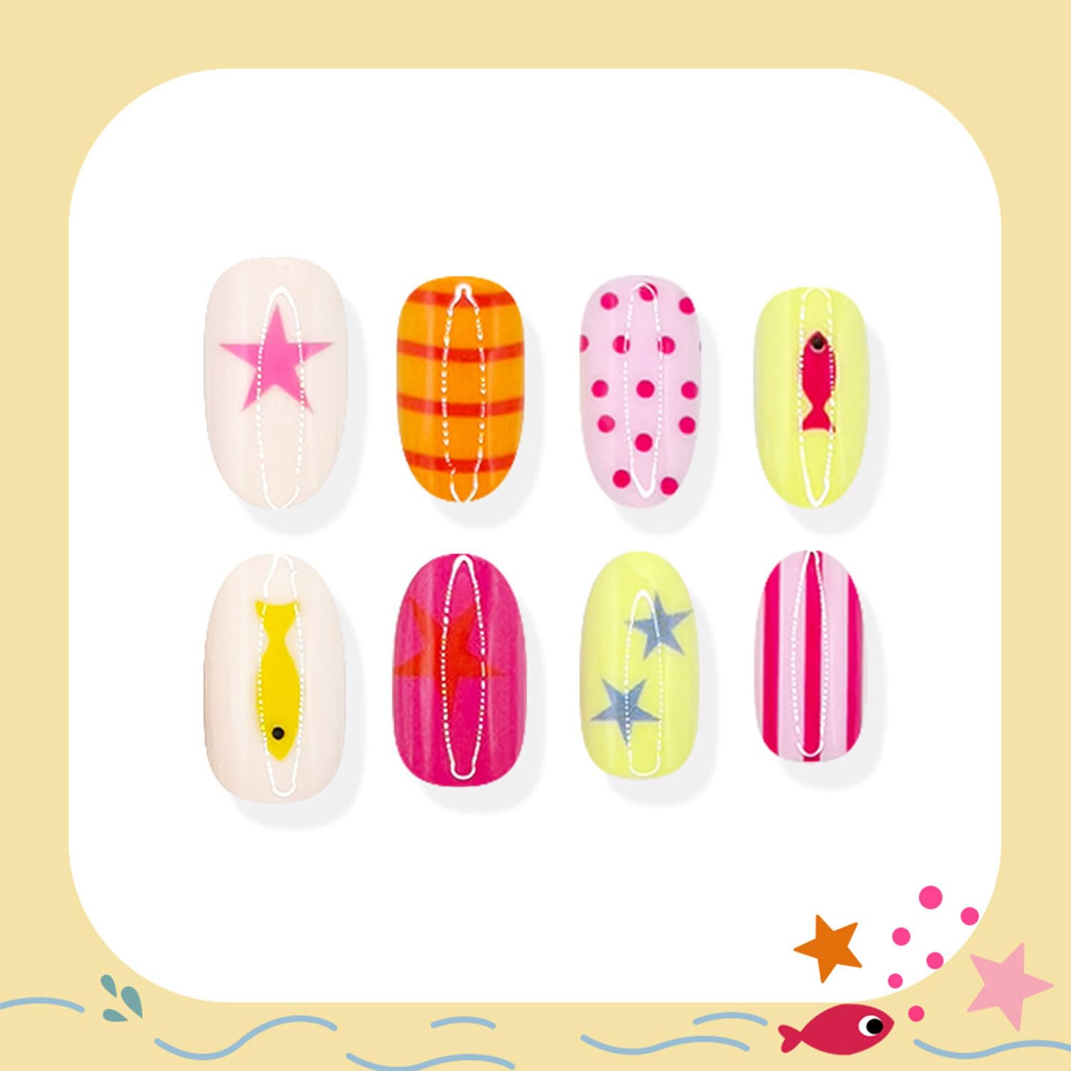 Summer Press on Nails Short Almond Fake Nails with Cute Fish & Polka Dots Designs Acrylic False Nail Glossy Glue on Nail, Full Cover Artificial Star Stick on Nails for Women 24Pcs
