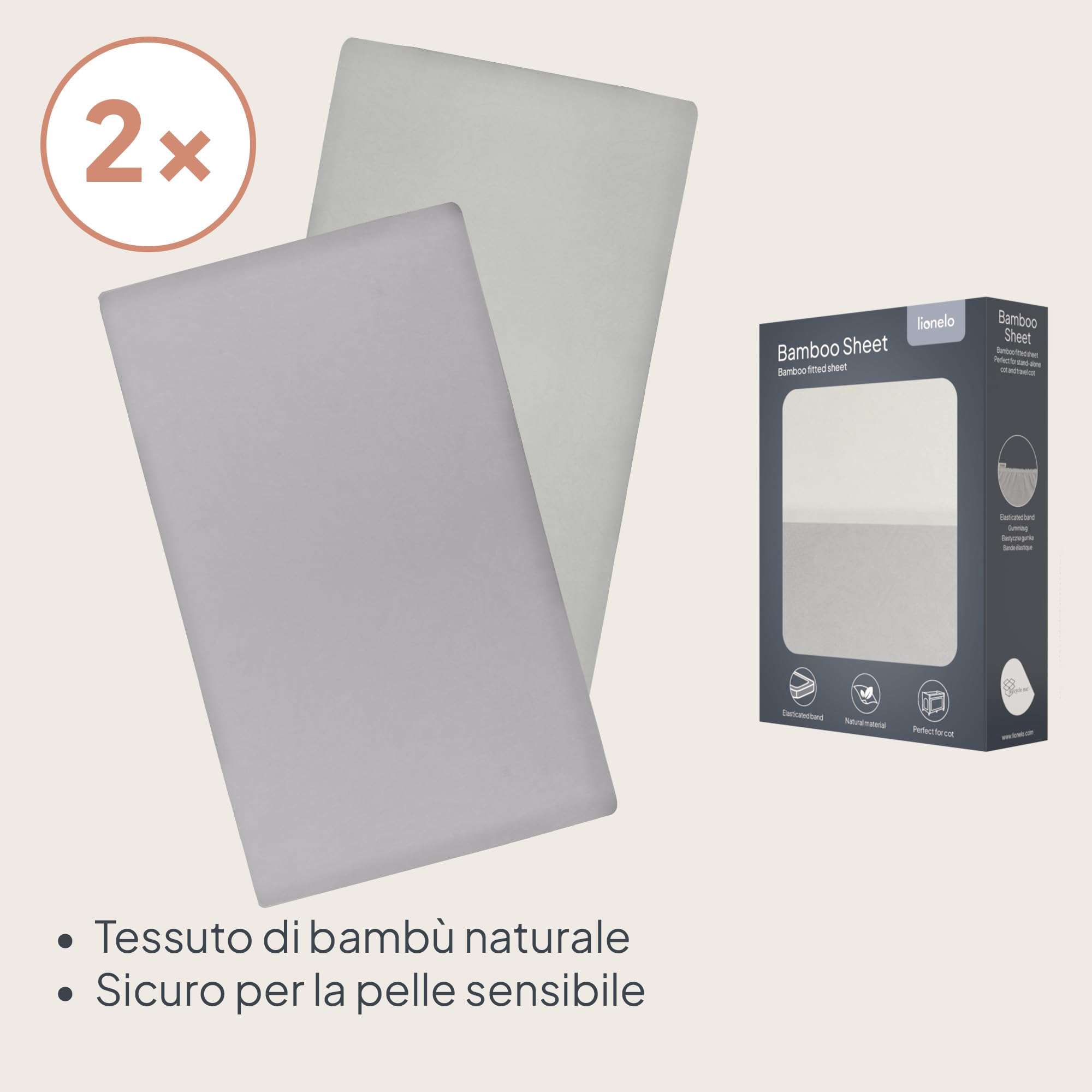 LIONELO Lenzuola con angoli per lettino neonato, Set da 2, 118x60 cm, Cotone di bambù naturale, Traspiranti, Ideali per materasso di lettino, lettino da viaggio/Campeggio o culla, Bianco/Grigio