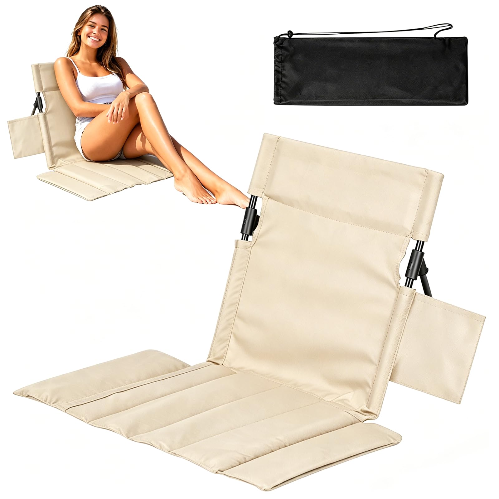 Sedia a sdraio pieghevole leggera con schienale 54x35cm, sedia a sdraio pieghevole per viaggi e campeggio, sedile da terra regolabile in altezza con tasca, per spiaggia, lago, giardino, robusta