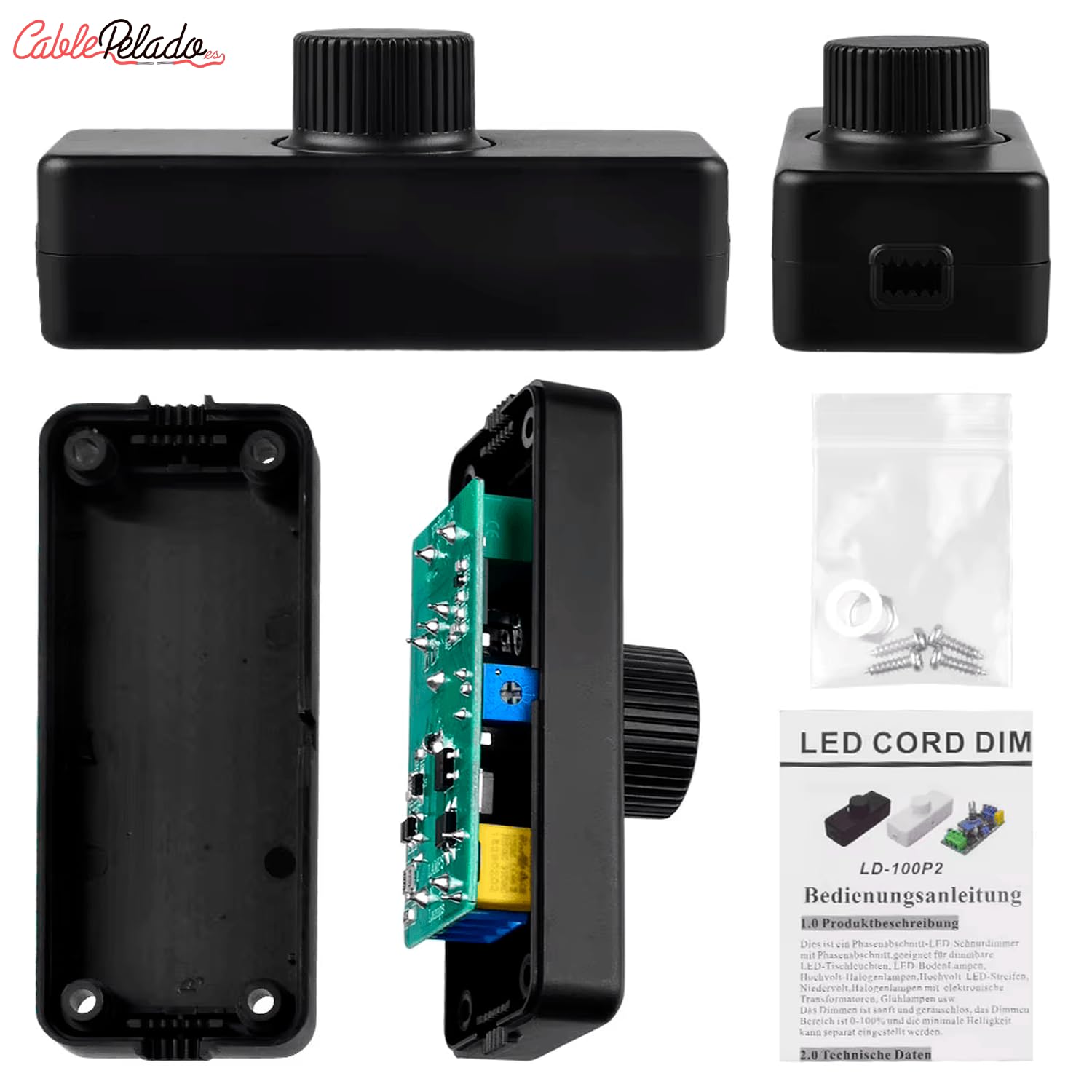 CABLEPELADO Potenciómetro Regulador de Luz con Interruptor – Dimmer LED, Control de Intensidad 12V-24V DC, Atenuador para Tiras LED, Potencia 8A 196W Máx, Conexión por Tornillo