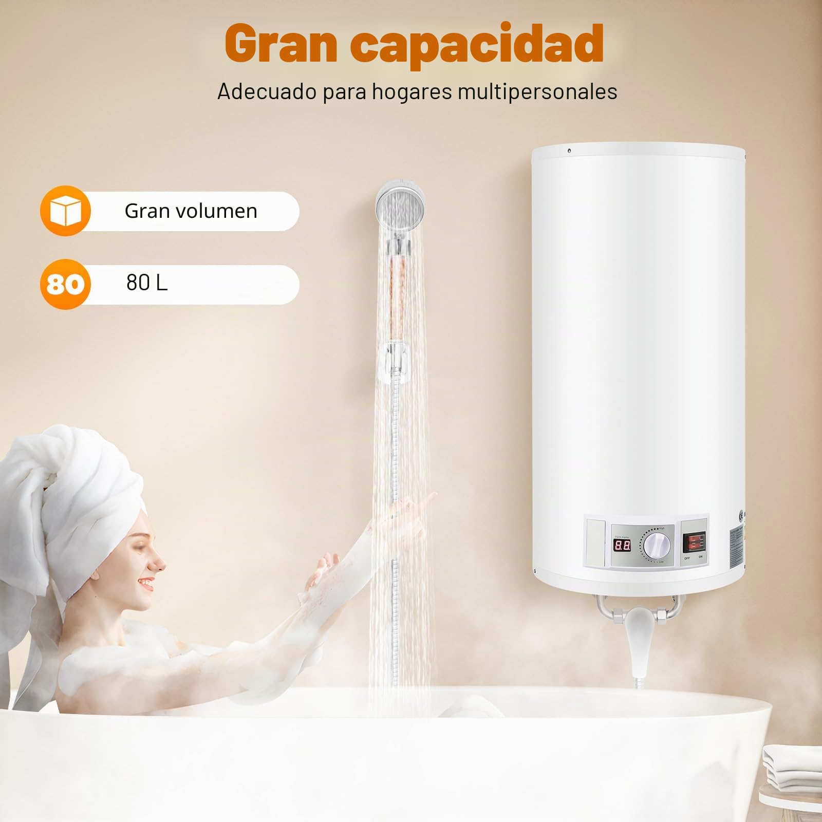 Calentador de agua caliente eléctrico 2000 W Smart Caldera de pared Caldera de agua caliente 80 L, incluye válvula de seguridad, cabezal de ducha y manguera, IPX4, temperatura de calentamiento 25-75 ℃