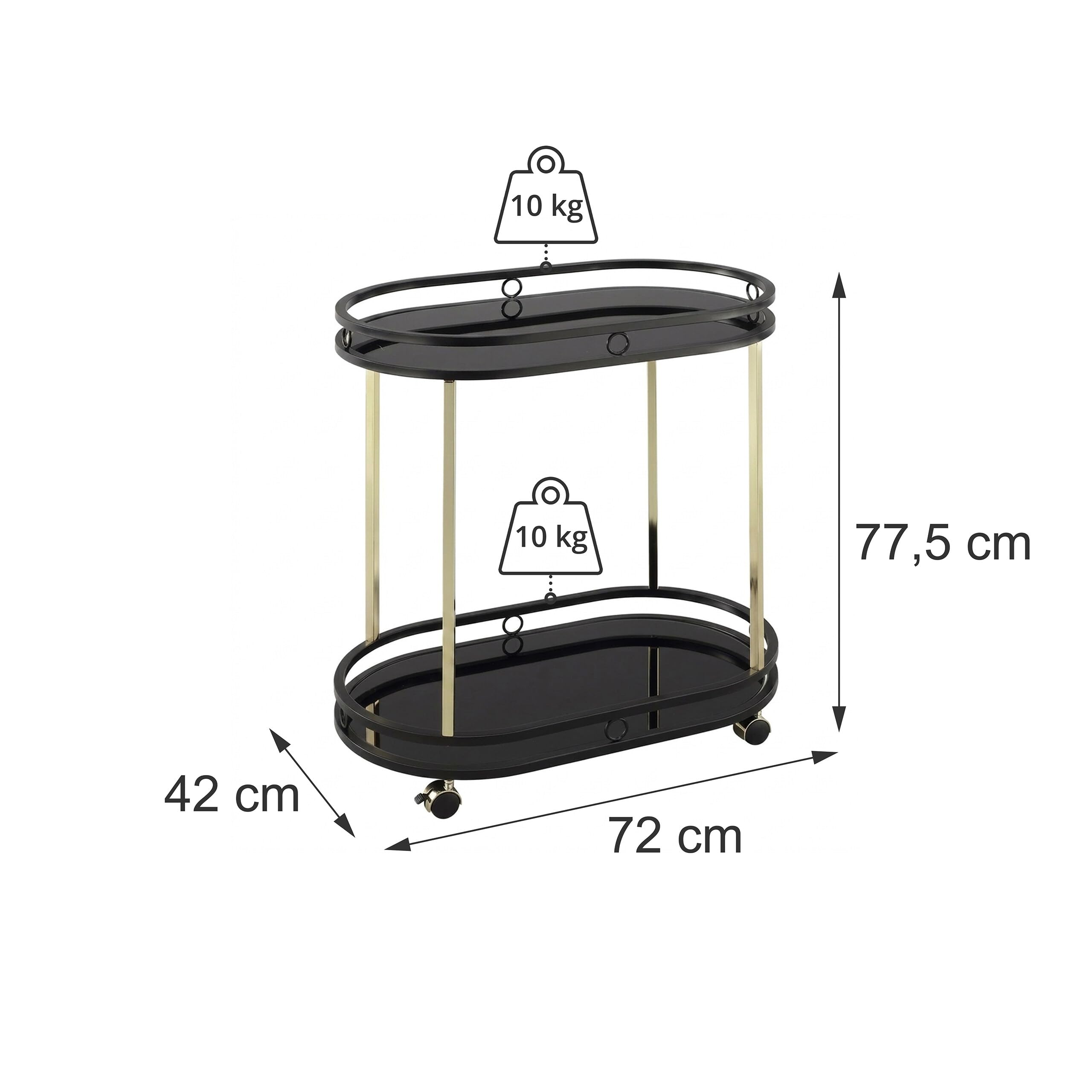 Relaxdays Carrito de Servicio, 2 bandejas, Cristal y Metal, Negro/Dorado | (Alto x Ancho x Fondo): 77,5 x 72 x 42 cm, carrito de cocina con 4 ruedas