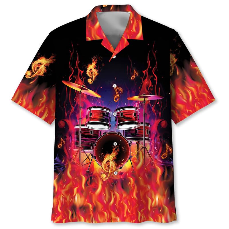 Hawaiian Vintage Drum Shirts for Men, Drum Themed Gifts for Dummer, Drum Set Band Button Down Shirt S-5XL