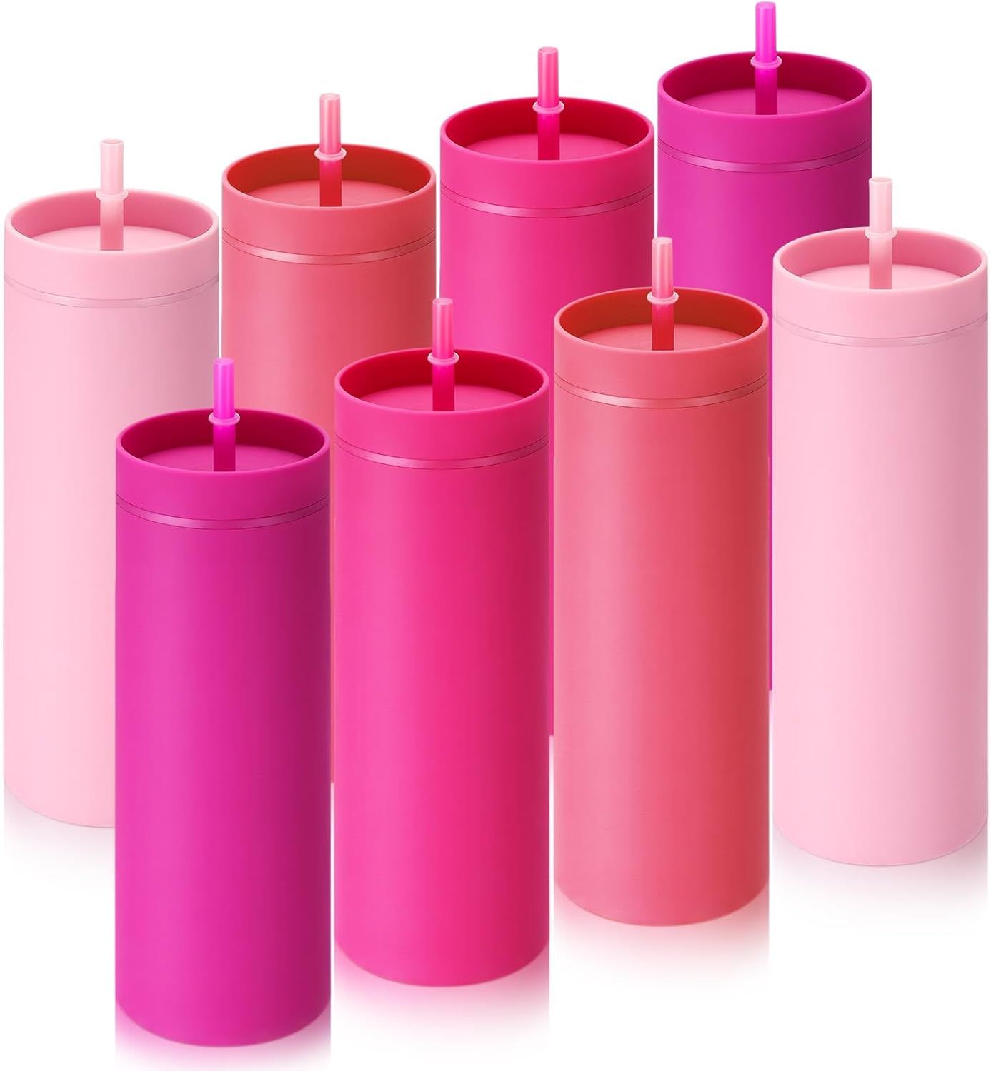 Baderke 8 Pack 16 oz Skinny Tumblers with Lid and Straw Matte Multicolor Reusable Double Wall Plastic Cup Coffee Travel Drinking Mug for Girl Women Home Birthday Summer Party Favor (Pink)