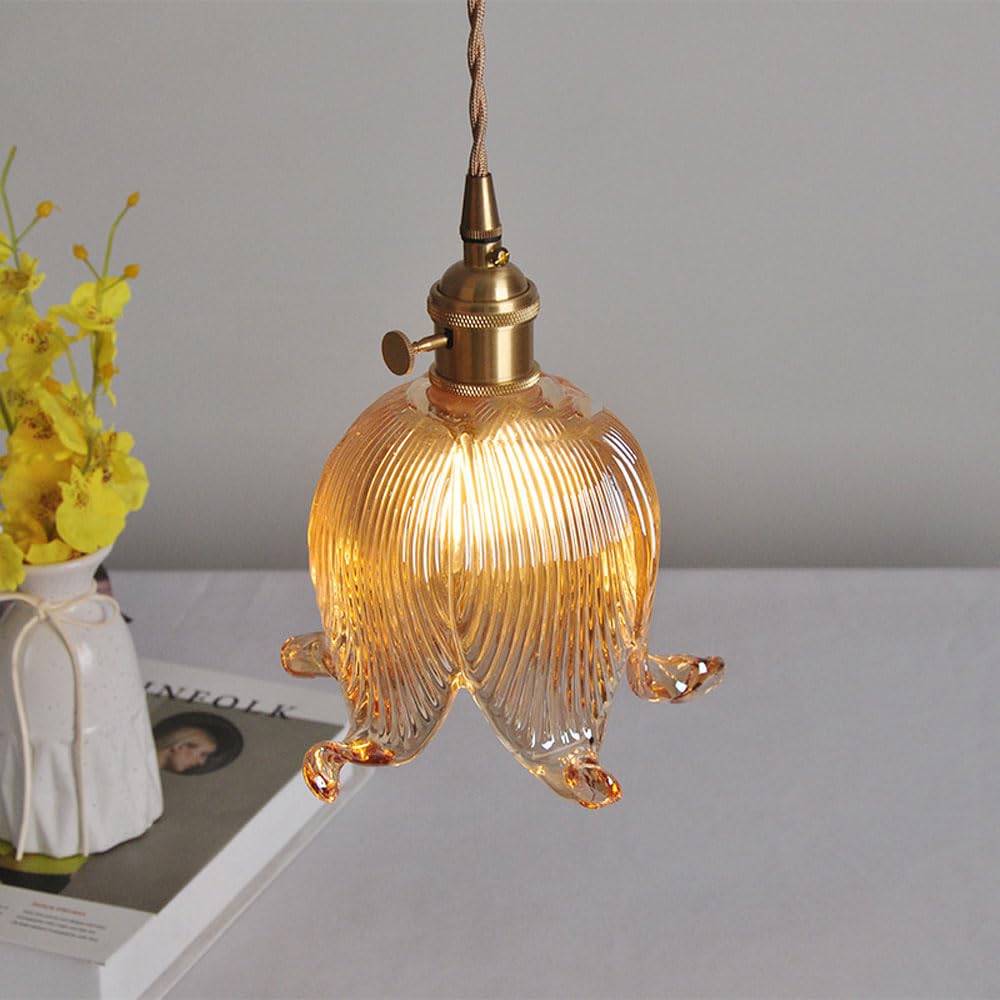 Bursztynowa lampa wisząca w kształcie kwiatu z kloszem szklanym, żyrandol w stylu retro nordyckim, podstawa E26/E27, mosiężny uchwyt lampy wiszącej 39 cali, regulowany do jadalni,