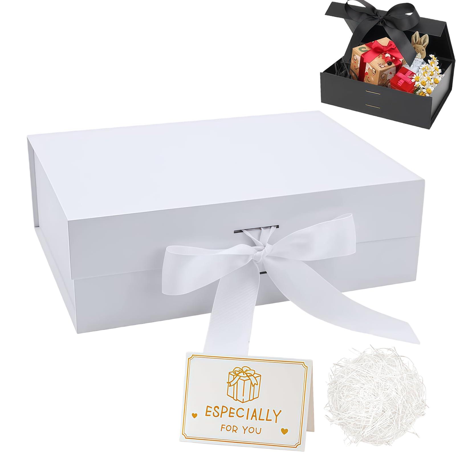 White Gift Box with Lids 22x16x8.8 cm,Magnetic Gift Box Luxury Present Box with Ribbon Greeting Card Shredded Paper for Holidays Wedding Birthday Gift Packaging Party Gift Boxes