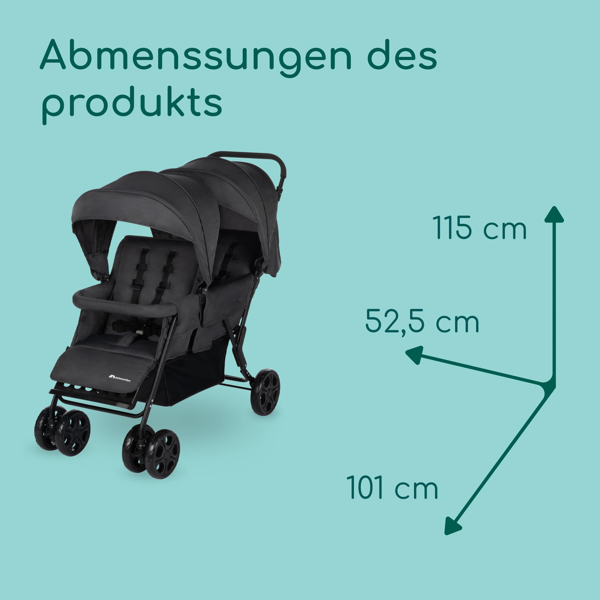 Bebeconfort Teamy Zwillings-Kinderwagen, Kompatker Geschwister-Kinderwagen, nutzbar ab der Geburst bis ca. 4 Jahre, 0-22 kg, Mineral Graphite