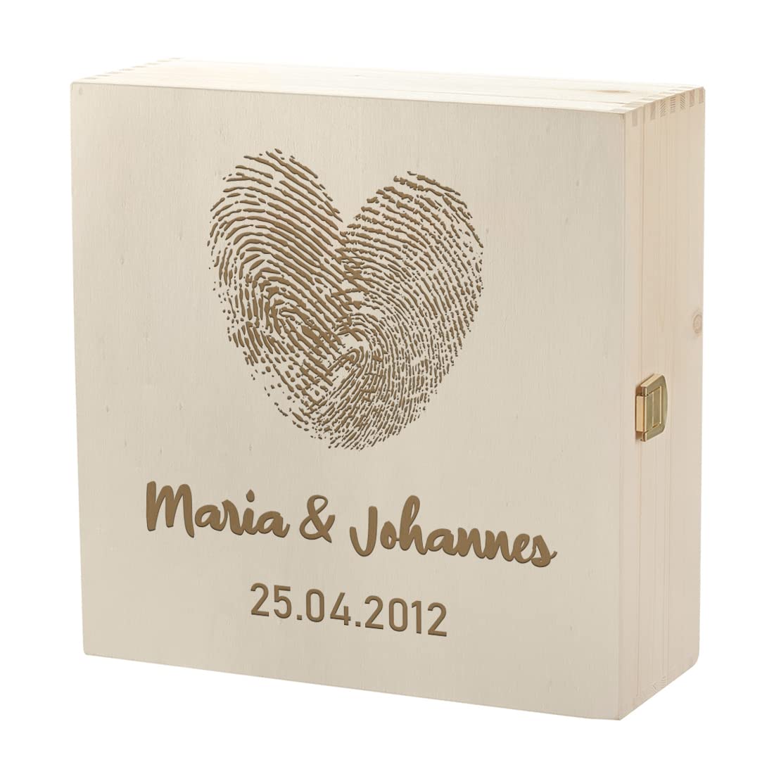3-tlg Weinset mit personalisierter Wunschgravur - Motiv Herz Fingerabdruck - 2x Leonardo Weißweingläser Puccini 560 ml, 1x Holzkiste - nachhaltig - Echtholz - DIY Geschenk - Paar, Liebespaar