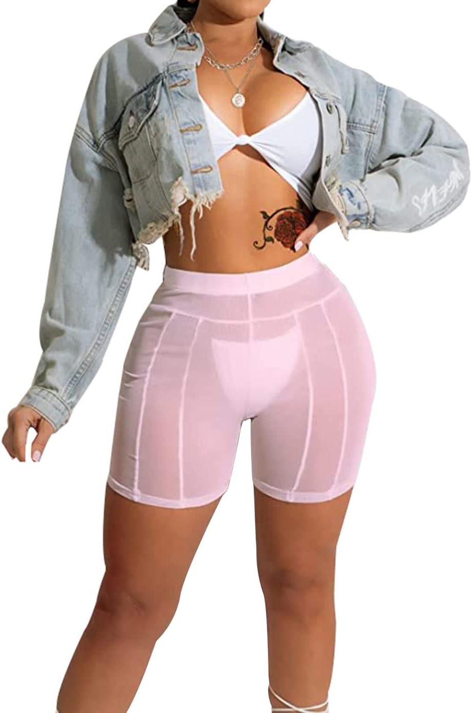 Women’s Sexy Sheer High Waisted Mesh See Through Skinny Biker Legging Club Streetwear Shorts, Pink, Large